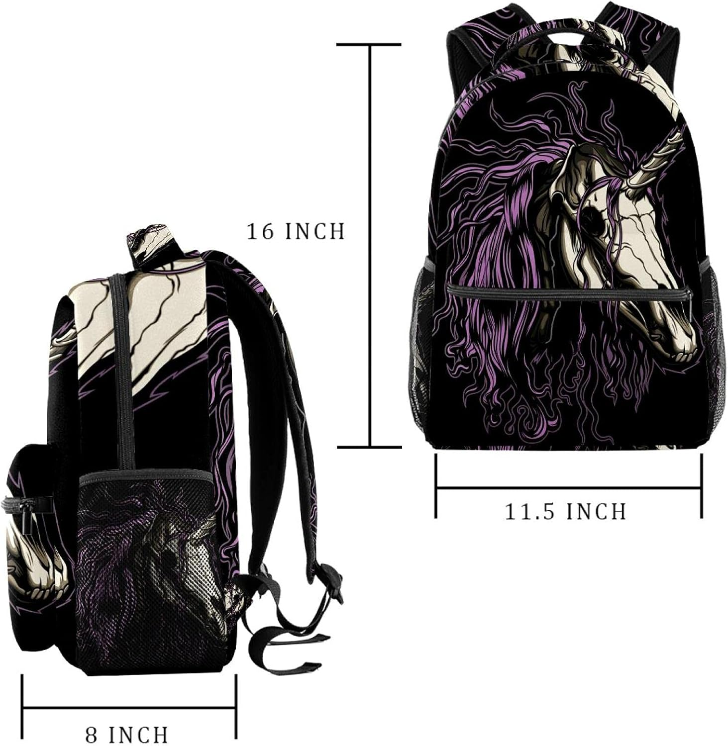 Unicorn Skull with a Pink Mane on the Black Background Backpack Students Shoulder Bags Travel Bag College School Tote Backpacks image number 3