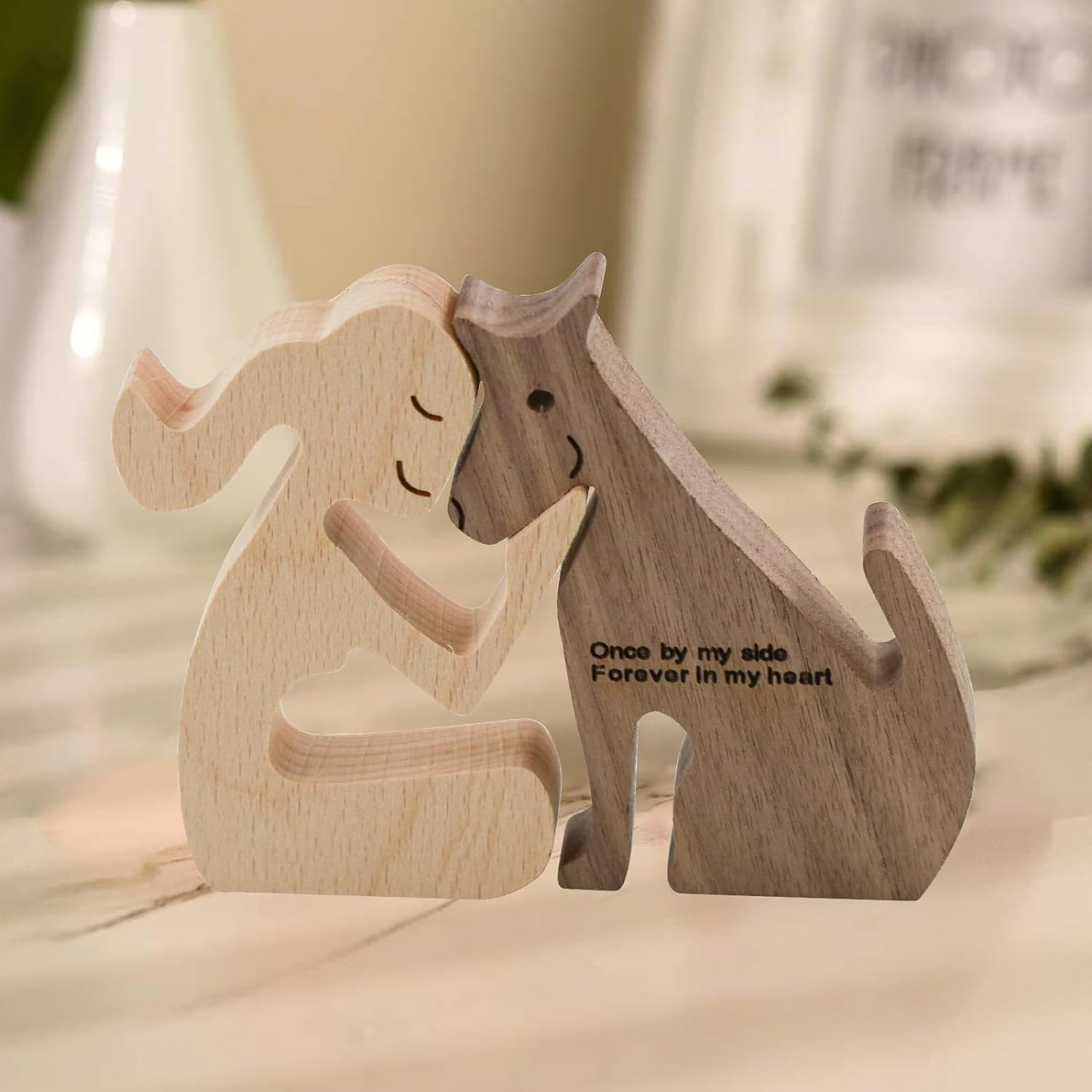 Enkrio Wooden Dog Figurines Dog Statue Wooden Sculptures Handmade Accents Crafts Wooden Carving Dog for Home Decor (Woman Kiss Dog) image number 4