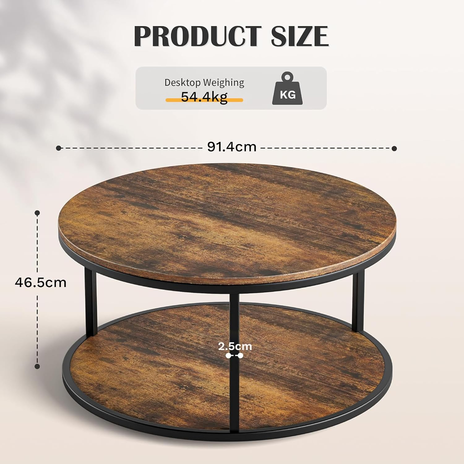 36Cm round Coffee Table with Storage, 2-Tier Small Space Living Room Furniture, Compact Centre Table, Brown