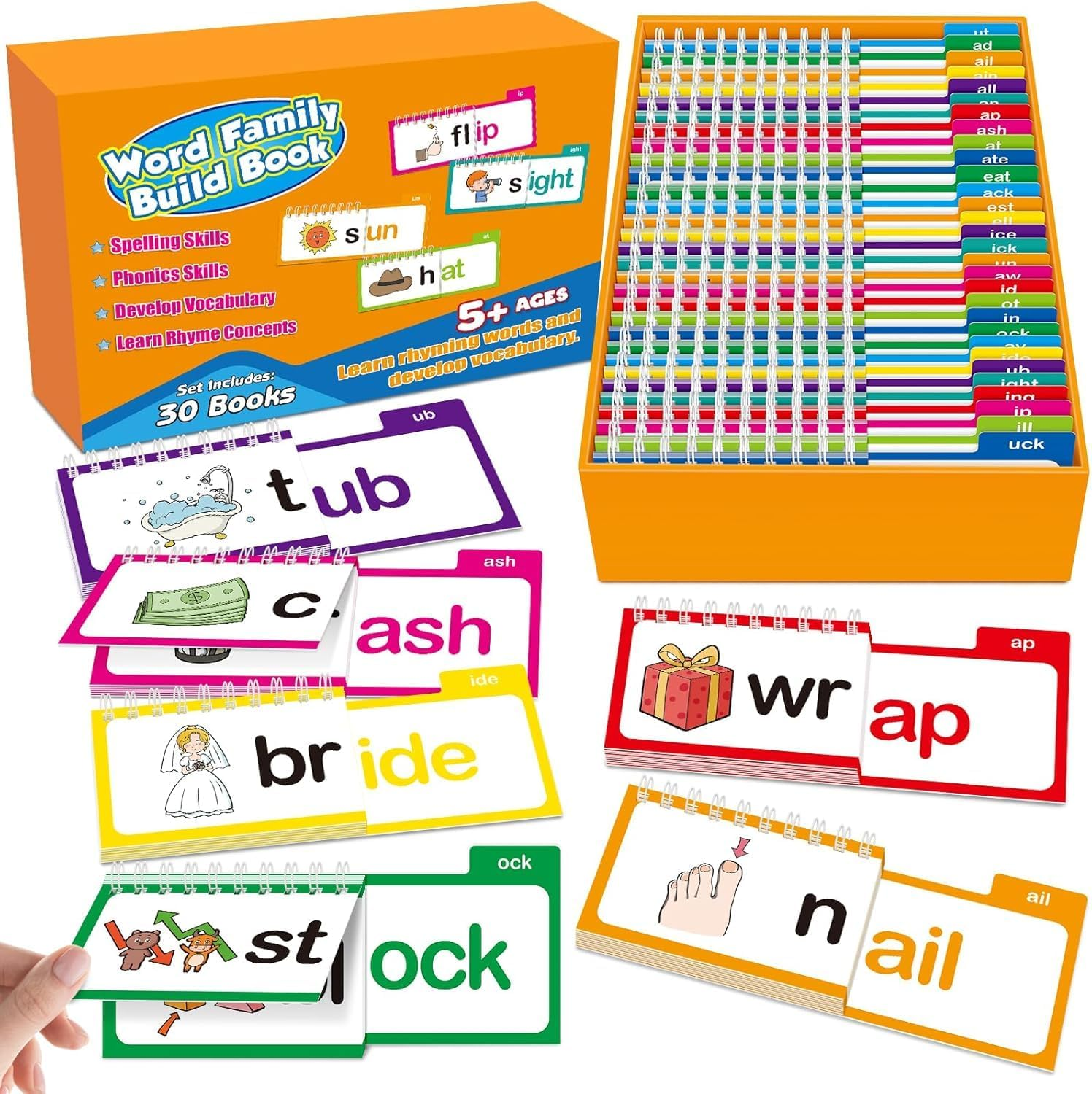 30 Read and Rhyme Flip Books - Word Family & Phonics Flash Cards Set for Kindergarten - Learn to Read with Sight Words, Letter Sounds, Vocabulary & Reading Games - ABC Learning Activity for Kids image number 1