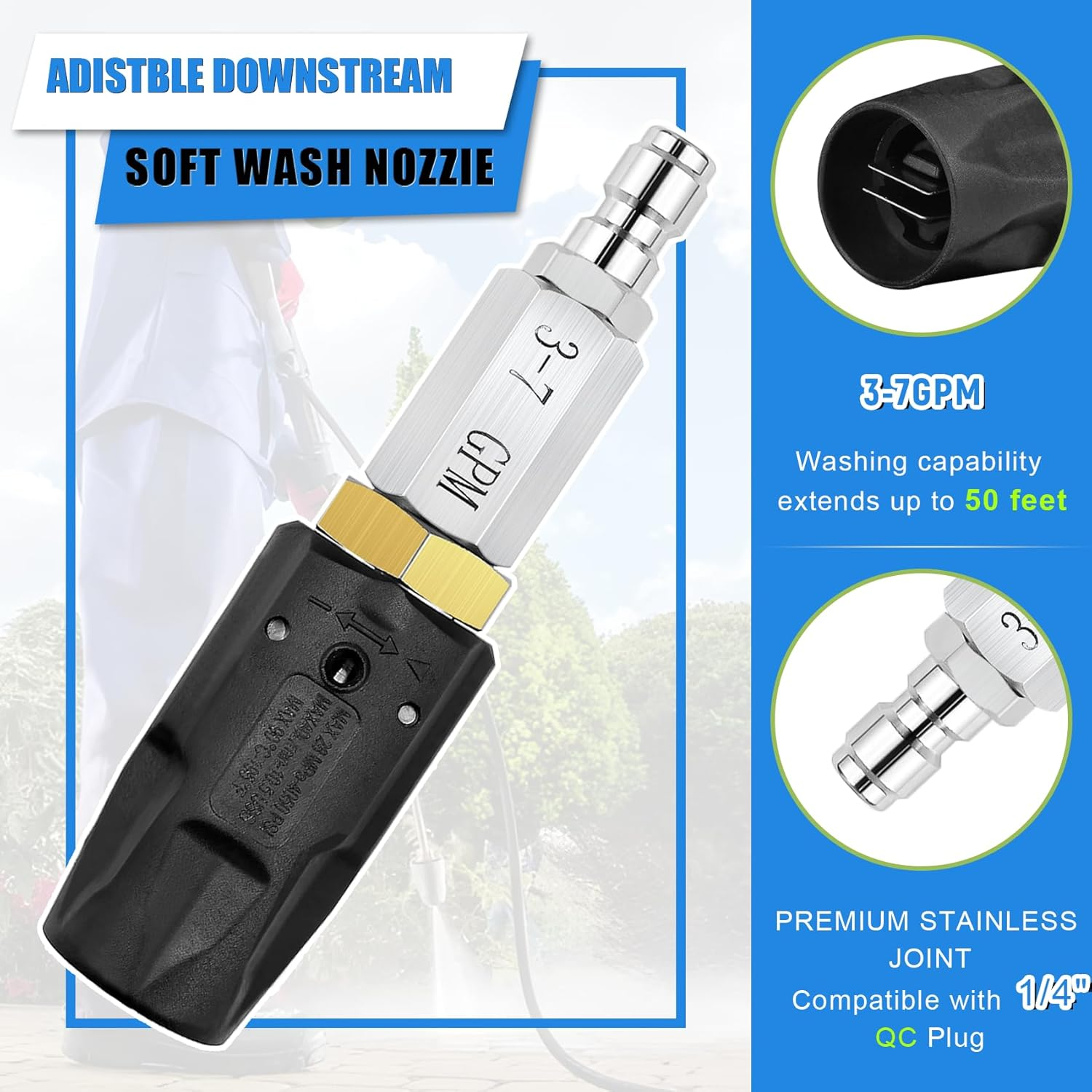 Adjustable Downstream Soft Wash Nozzle， Twist Nozzle 0 to 60&deg; Spray Pattern with Low to High Reach， for Elevated Areas and Hard to Reach， for Use with Pressure Washer 3-7 GPM