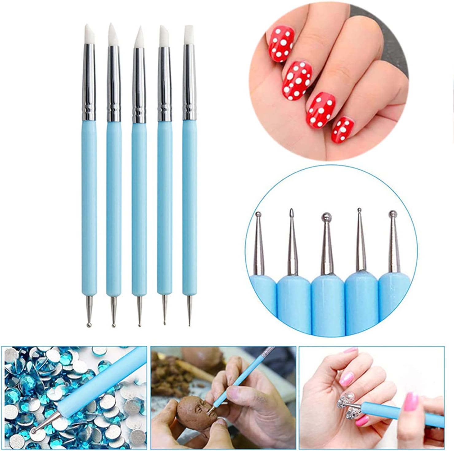 Luoshapucy Nail Brush [5 Pieces] Nail Art Nail Brush Set Acrylic Gel Brush Nails Double End Dotting Painting for DIY Nail Art Design image number 2