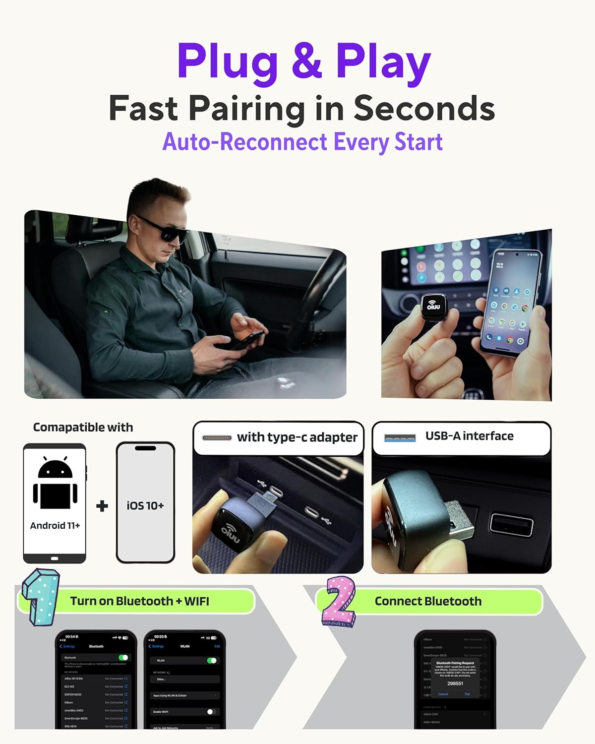 OIUU Mini Wireless Carplay Adapter & Android Auto Adapter, Latest SOC Chip Dual-Band Wifi, Bluetooth 5.0 No-Lag Stable Connect, Supports Factory Wired Apple Carplay/Android Auto, Car Accessories-J20 image number 5