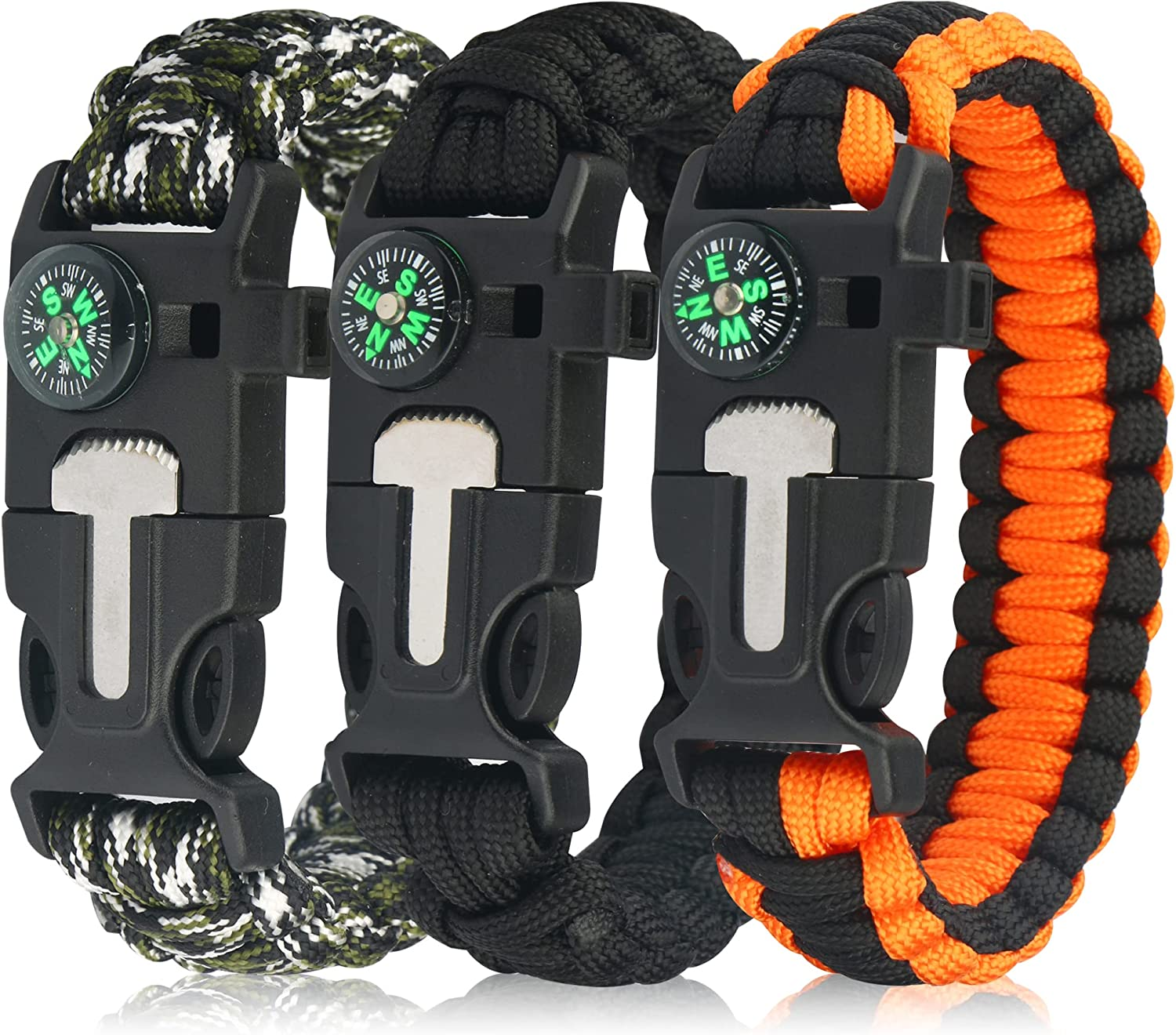 Paracord Bracelet (3 Pack) Kit Outdoor Survival Bracelet Camping Hiking Gear，Multitools, Fire Starter, Compass, and Whistle image number 1