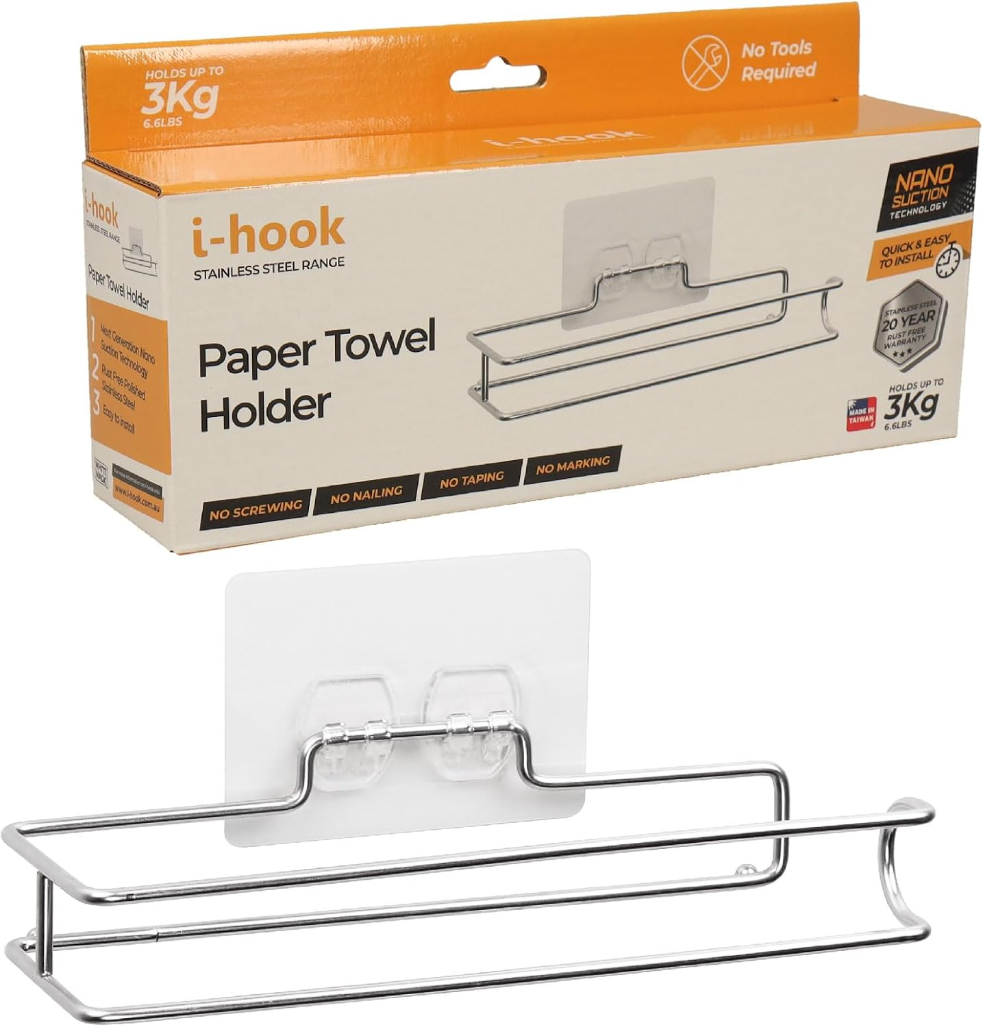 I-Hook Paper Towel Holder &ndash; High Gloss Stainless Steel, Nano Suction Reusable, Holds up to 3Kg, Heat & Water Resistant, Rust-Proof, Fits inside Cupboard Doors & under Cabinets, 10X23X6Cm