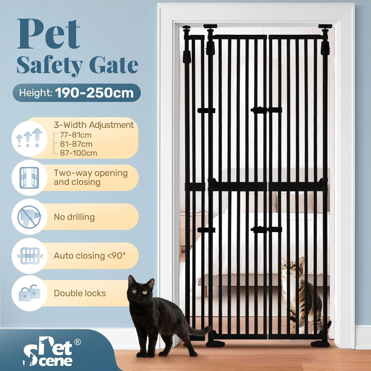 Pet Scene Retractable Safety Gate 185CM Tall Security Barrier Fencing for Stairs Doorway, Extra Tall with 3-Position Width Adjustment Pet Fence Enclosure Guard Black image number 6