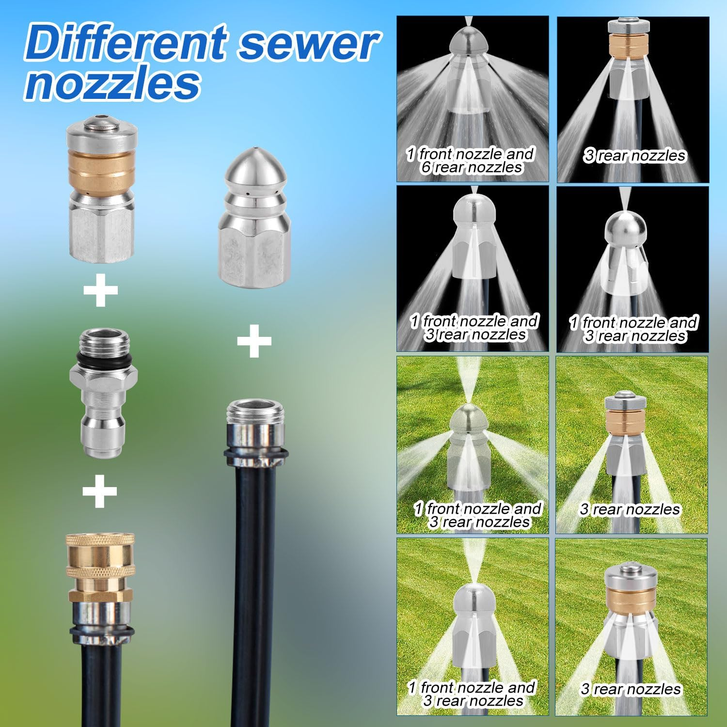 NQEUEPN 10Pcs Sewer Jetter Nozzle Kit, Stainless Steel, 1/4" & 3/8" NPT Quick Connectors, 5000 PSI, Silver, Sewer Cleaning Tools, Nozzle image number 2