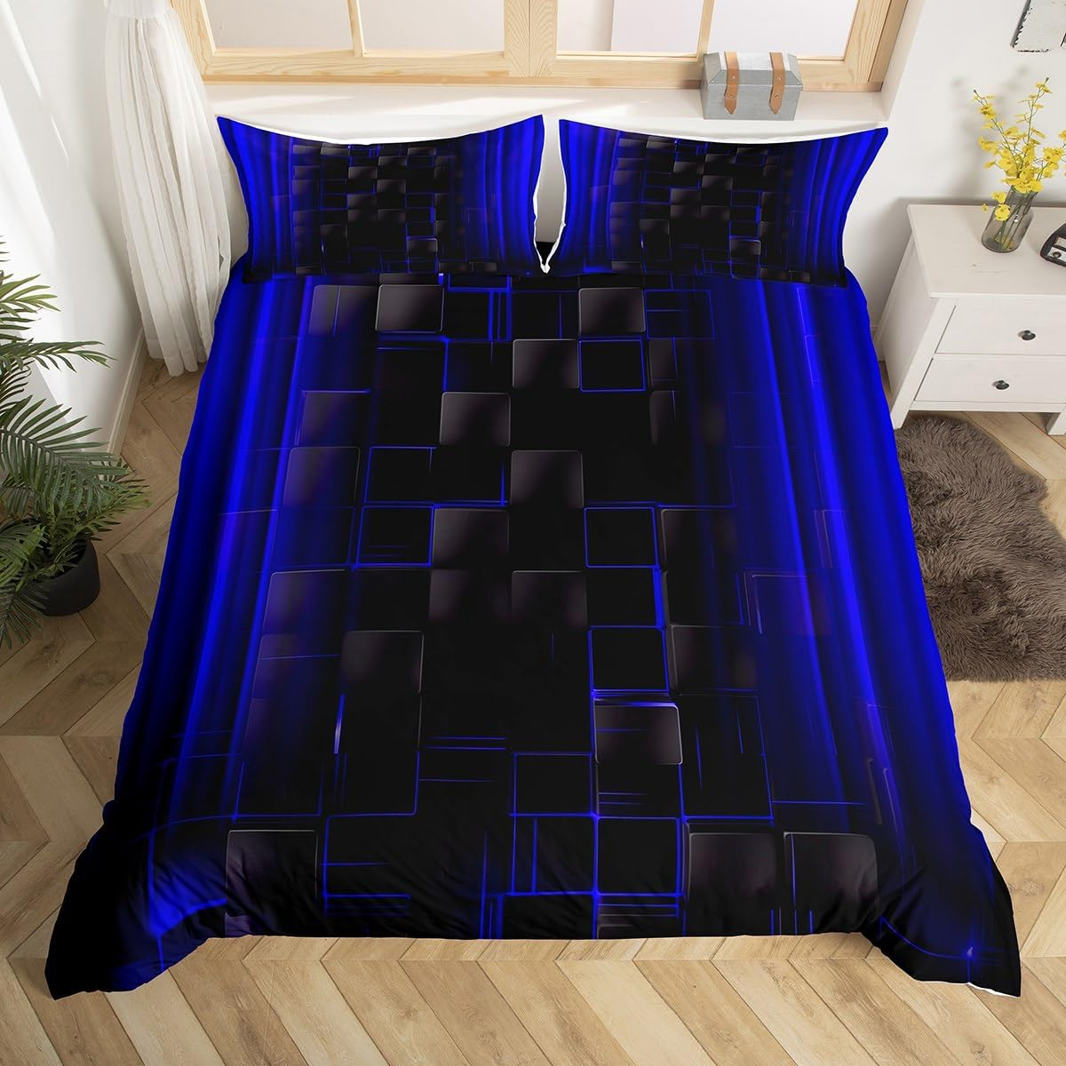Manfei Royal Blue Ombre Duvet Cover Set Full Size, Abstract Geometric Lines Grid Comforter Cover, Black Lattice Bedding Set for Kids Boys Bedroom Decor, Lightweight Bedspread Cover, 2 Pillowcases image number 1