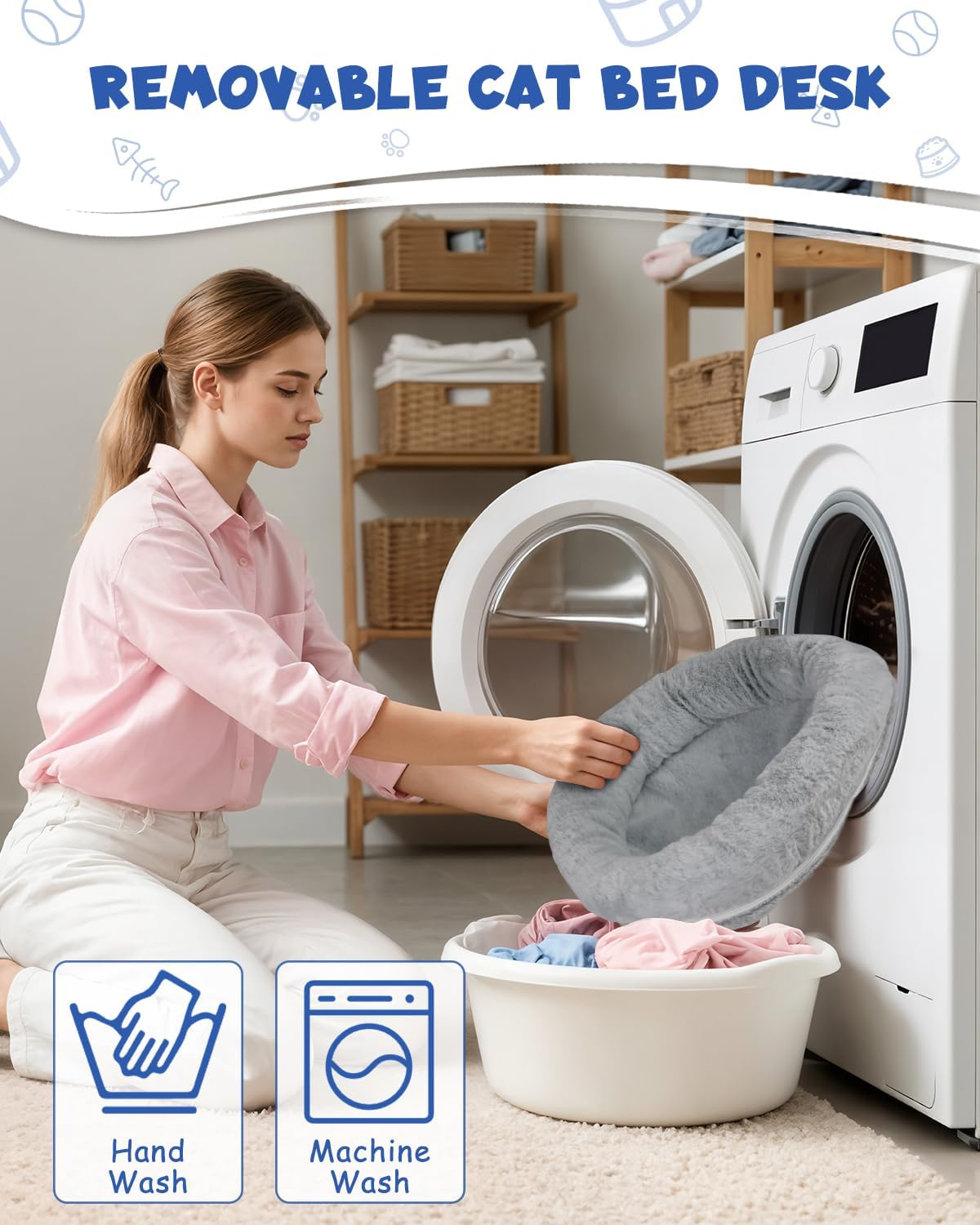 Double Cat Desk Bed, 360&deg; Rotating Elevated Desk Cat Bed, Adjustable Raised Desk Kitten Bed up to 80 LBS, Washable Soft Fabric Pet Desks Nest Beds, Cat Hammock Wall Mounted for Office and Game Tables