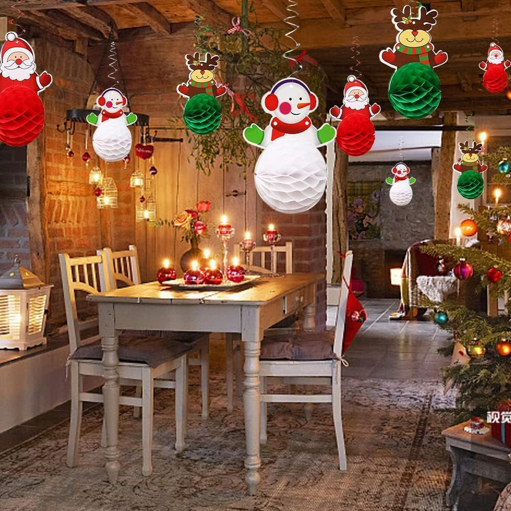 12 Pcs Christmas Decorations Set Christmas Decoration Honeycomb Balls Christmas Hanging Swirls Decorations Balls Santa Reindeer Snowman Ceiling Swirls Dangling Decorations