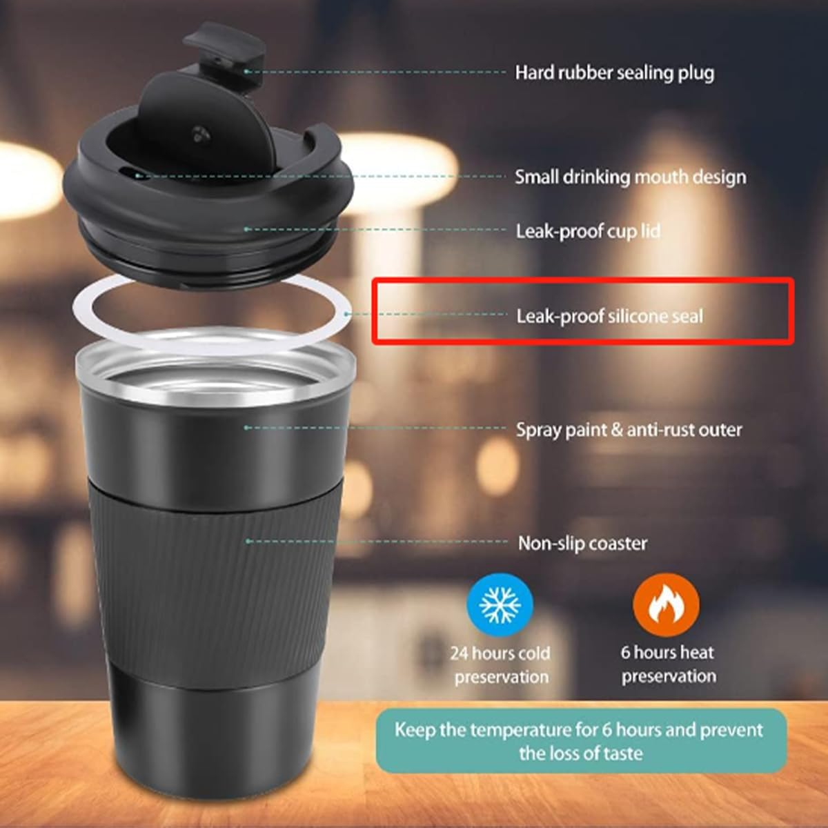 Coffee Cup 510Ml/17Oz, Insulated Travel Mug with Splash-Proof Lid, Reusable Double Wall 304 Stainless Steel Tumbler Cup - Keeps Cold and Hot Suitable for Car, Daily, outside and Gifts (Black-510Ml) - Brown image number 7