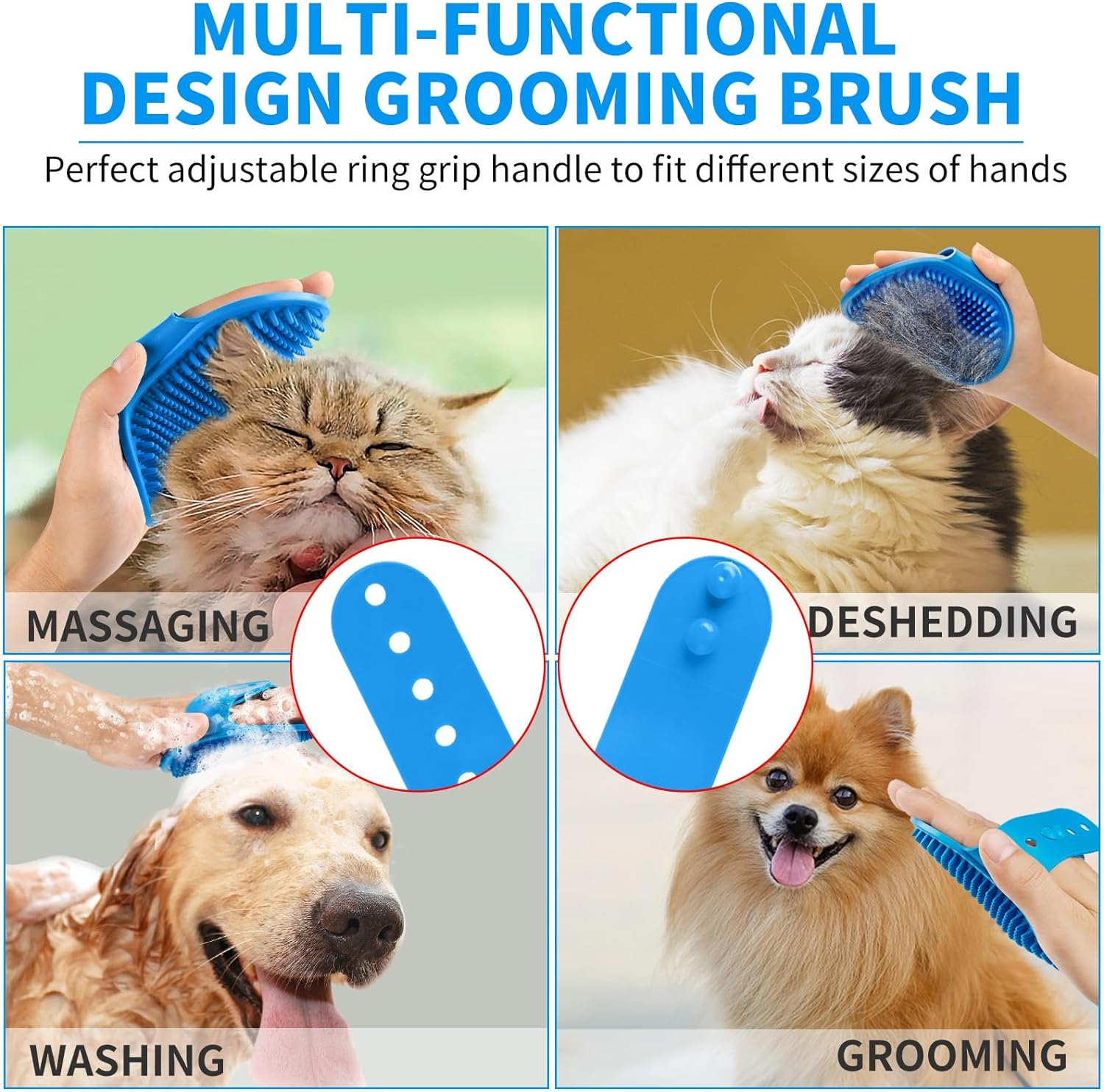 Comotech 3-In-1 Dog Grooming Brush | Adjustable Handle Shampoo Brush & Scrubber for Short & Long Haired Dogs & Cats (Blue Blue White) - Gray Gray White image number 7