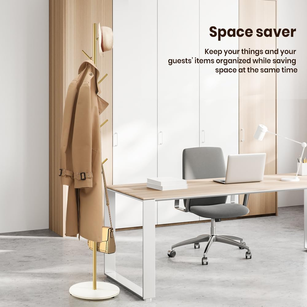 Furb Free Standing Metal Coat Rack, Gold Clothes Jacket Hat Bag Hanger Stand, Heavy Duty Marble Base, 167Cm Tall, 7 Hooks image number 2