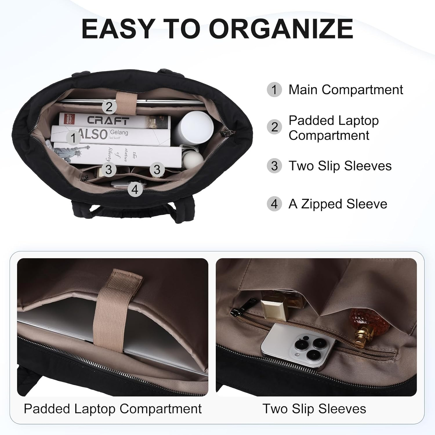 Tote Bag for Women, VASCHY Lightweight Large Quilted Puffer Work Tote with Laptop Compartments Zipper for Casual/Travel/Gym image number 6