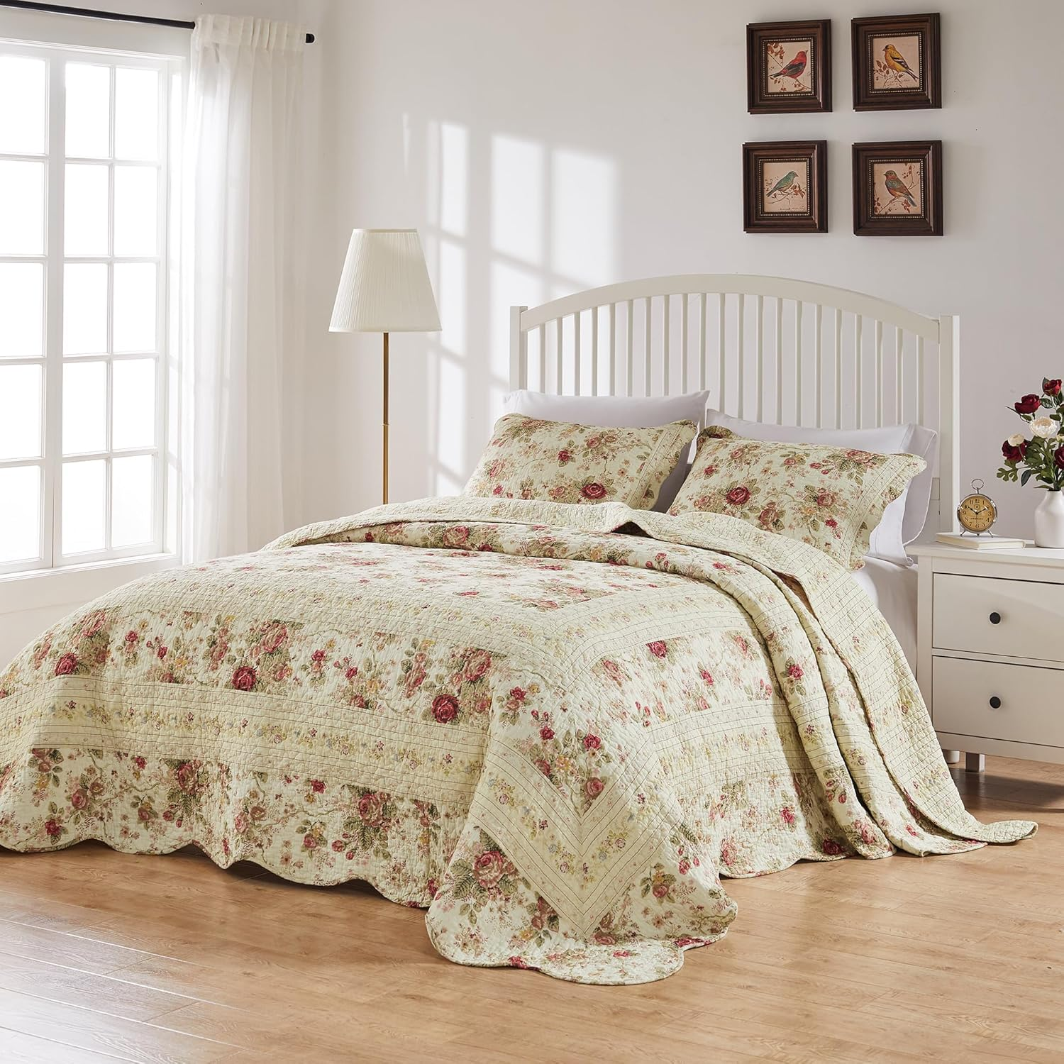 Greenland Home Antique Rose 100% Cotton Shabby Chic Bedspread Set, 3-Piece Queen, Ecru