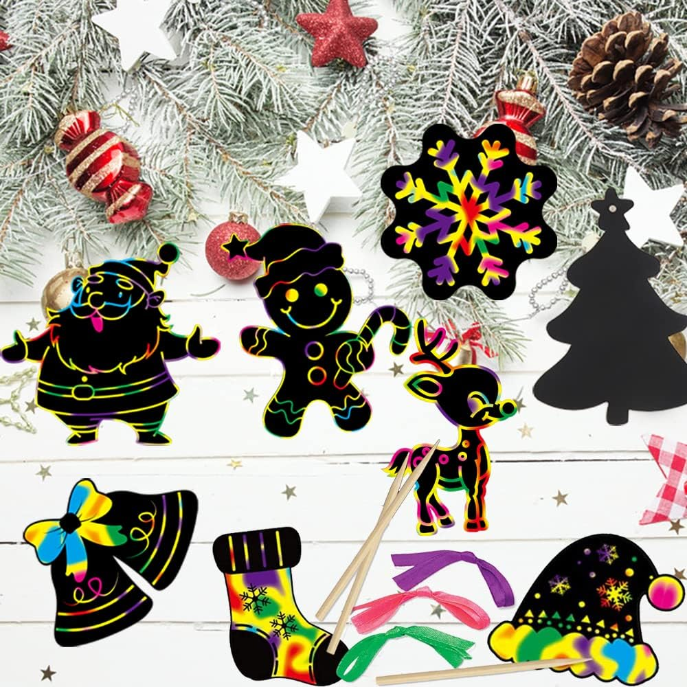 DERAYEE Pack of 48 Christmas Scratch Pictures Scratch Paper Set with Wooden Pens and Ribbons Rainbow Scratch Christmas Stockings Christmas Tree for Christmas Children Gift