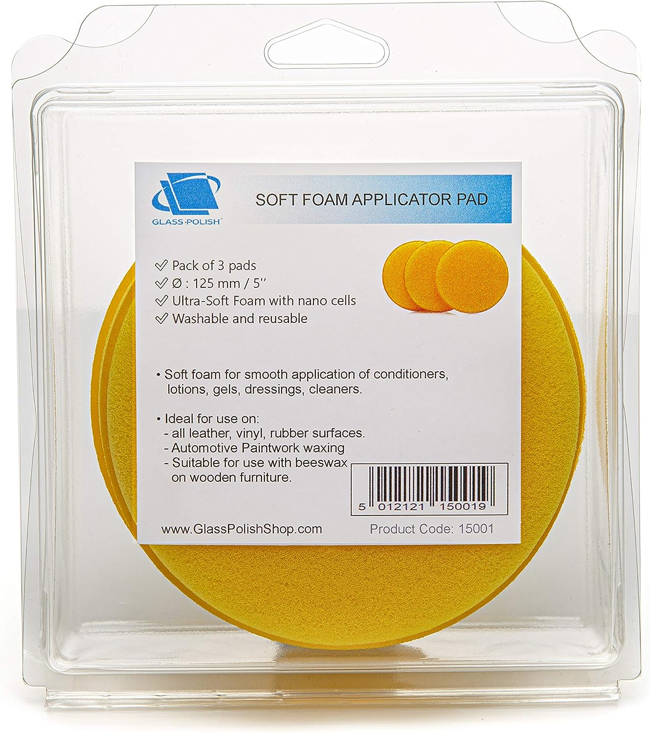 Glass Polish (125Mm) Pack of 3 Ultra-Soft Foam Applicator Pad, Multi-Purpose Sponge Pad - GP15001 image number 2