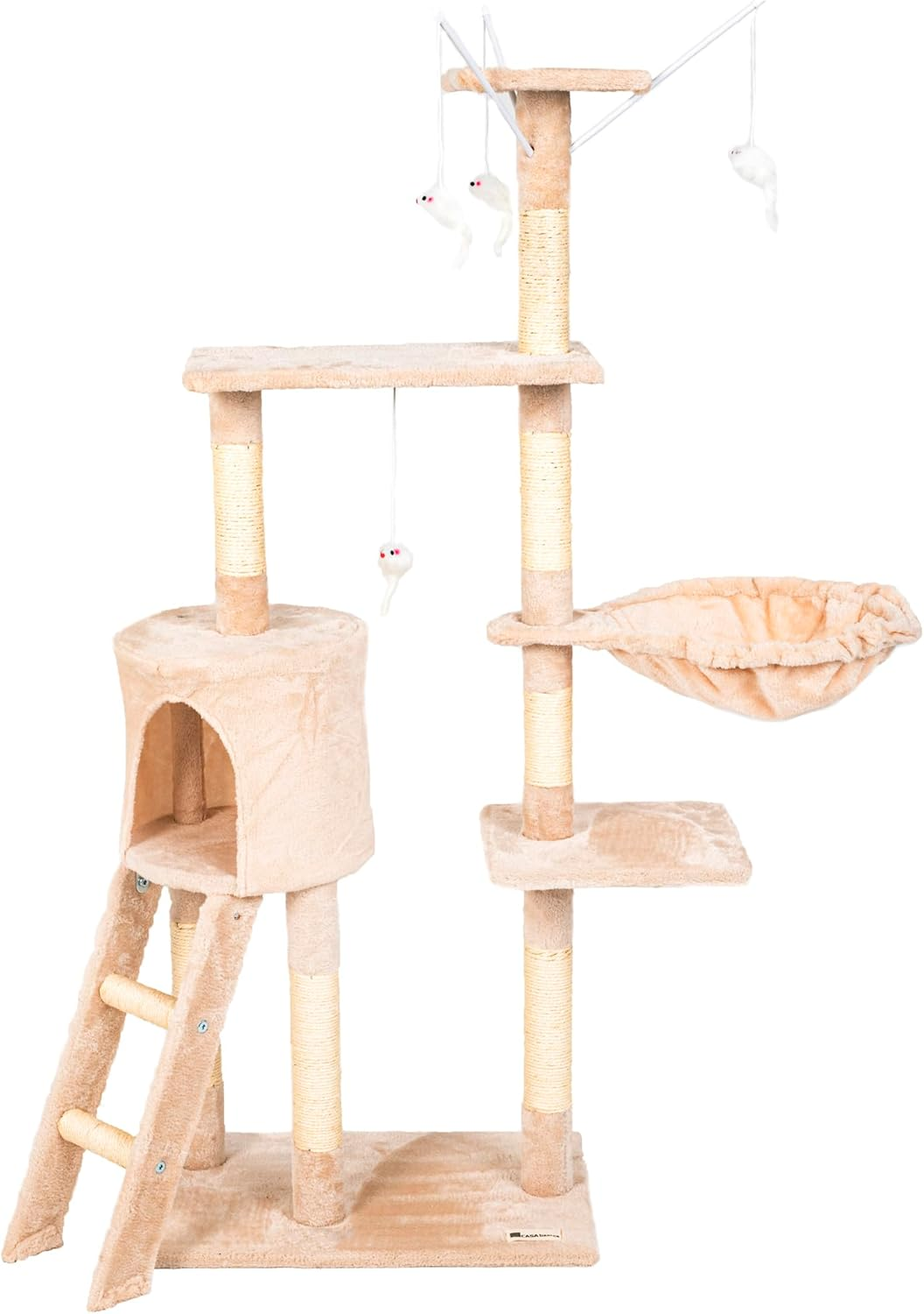 Casa Basics - Cat Tree NENI, Height: 144 Cm, Multi-Level Cat Scratching Post Play Tower with Ladder, Den, Nest, 3 Platforms and 4 Rats (Gray)