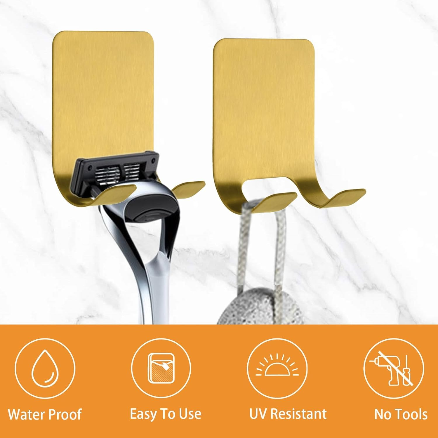 MOROBOR 4 Pcs Adhesive Razor Holder, Gold Shaver Holders Towel Hooks Stainless Steel Waterproof Storage Hook for Towels Bath Accessories for Kitchen & Bathroom image number 6