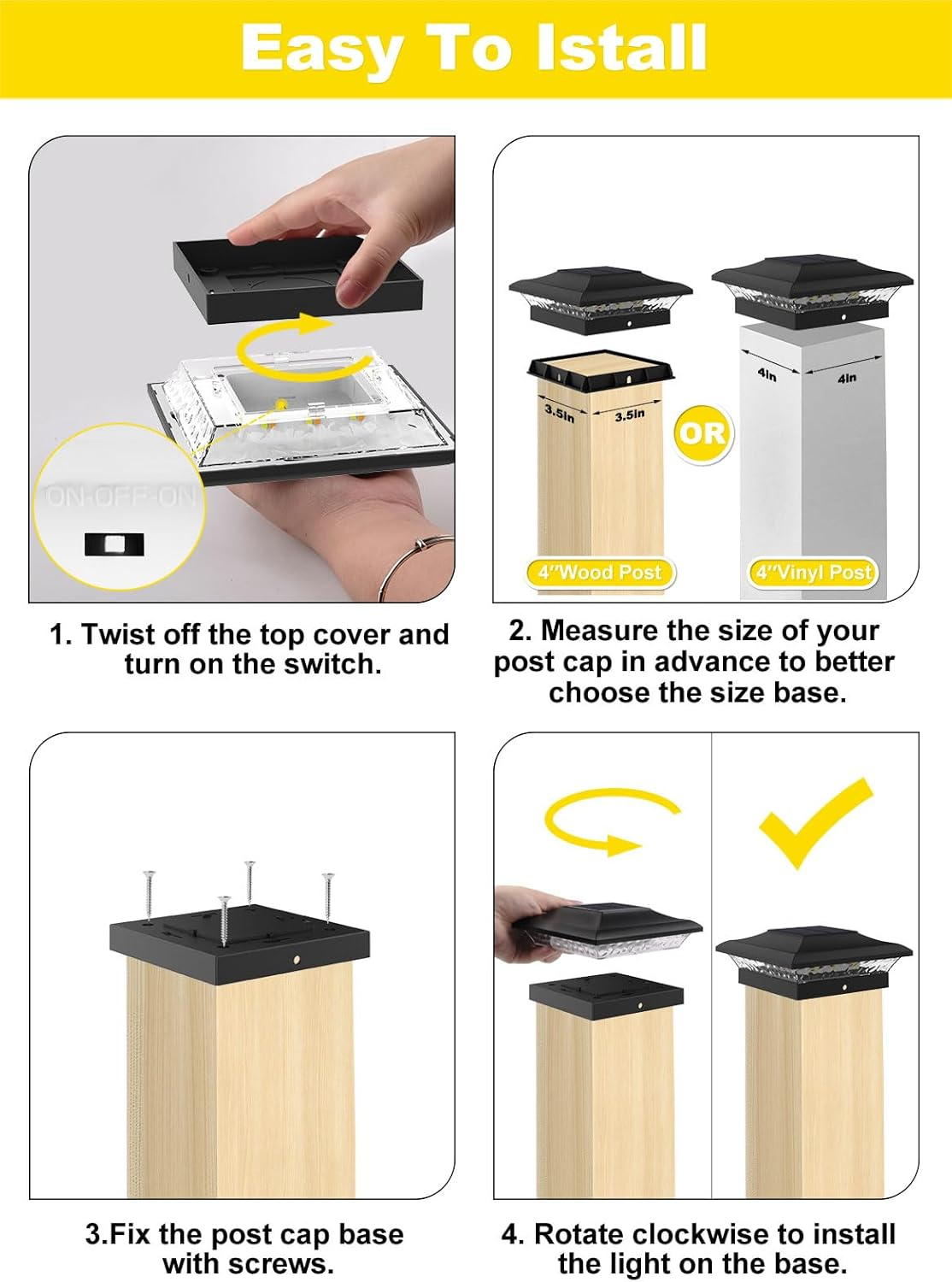 T-SUN Solar Post Cap Lights 6 Pack for 4X4 Vinyl/Wooden Posts, Waterproof Outdoor Warm/Cool White（3000K/6000K） Solar Powered Deck/Garden/Patio Lighting
