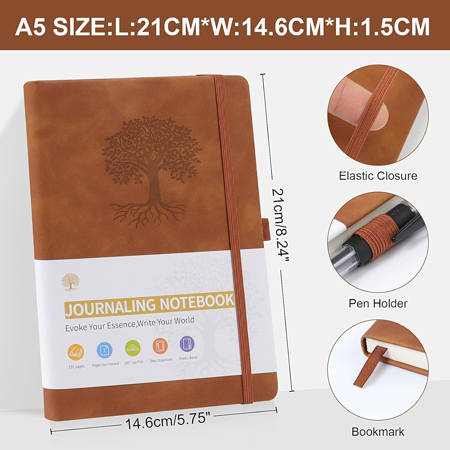 A5 Lined Journal Notebook, 192 Pages Leather Hardcover Notebook for Personal Writing, Study, Office, Travel Records(Brown) image number 6