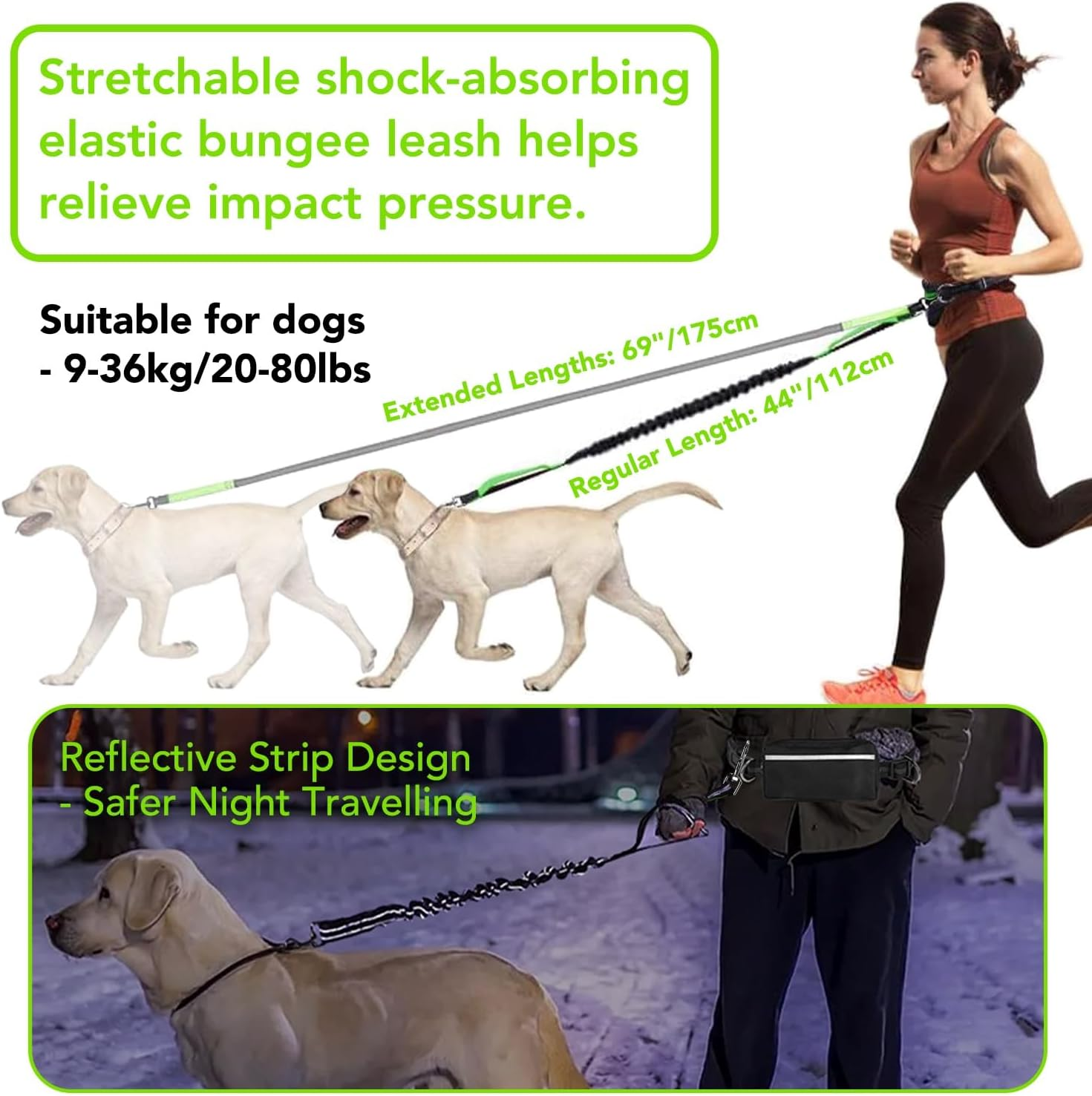 KIKNIN Hands Free Dog Leash with with Pouch-Waist Dog Running Leash with Adjustable Waist Belt & Dual Handle for 2 Medium Dogs, Retractable Reflective Bungee Dog Leash for Jogging Walking Hiking image number 6