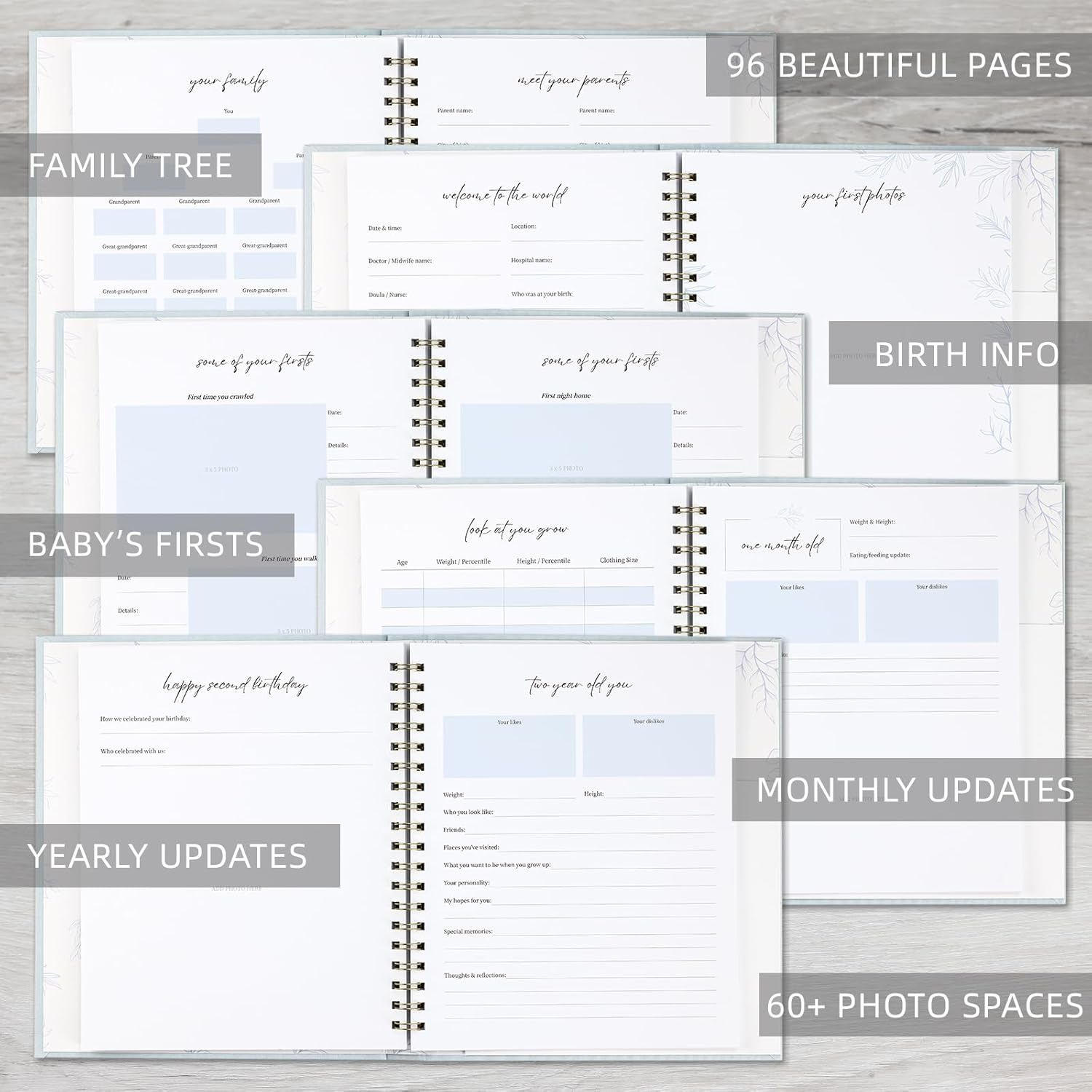 Keepsake Memory Book for Baby Boys or Girls, Timeless First 5 Year Baby Book, a Milestone Book to Record Every Event from Birth to Age 5 Gender Neutral Journal Scrapbook Photo Album (Light Blue) - Light Blue image number 3