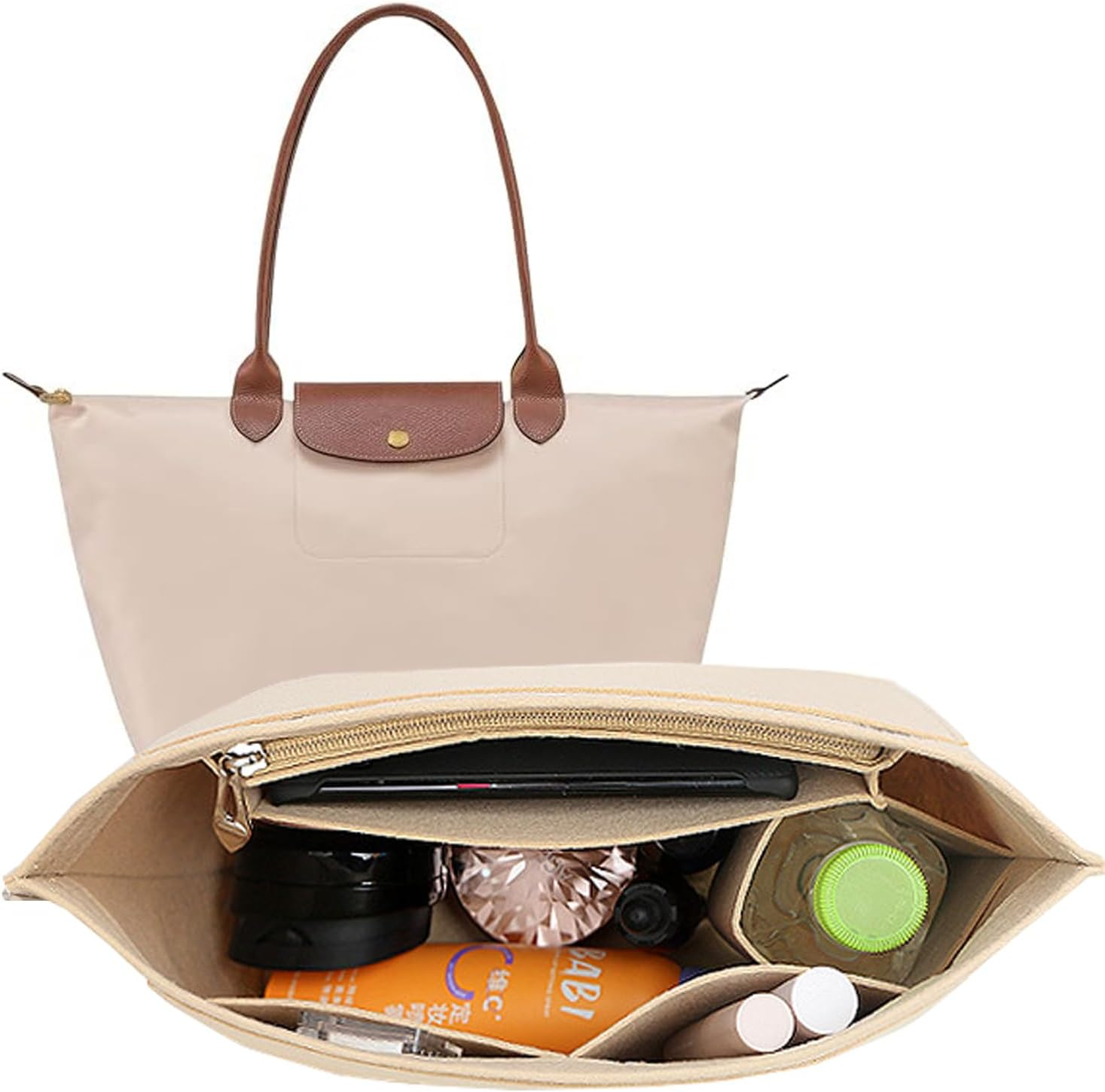 Purse Organizer Insert for Longchamp,Tote Bag Organizer Insert, Multi Pocket Felt Handbag Organizer (Beige, Large) image number 5