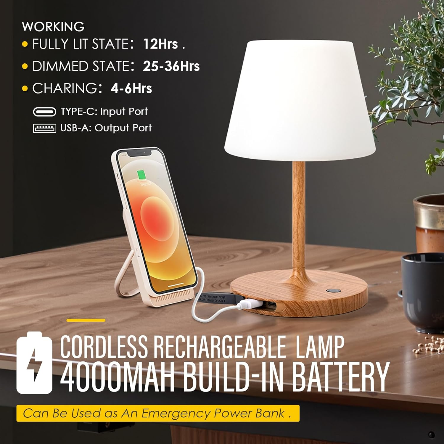 Cordless Outdoor Touch Table Lamp, Waterproof Small Shower Lamp, 4000Mah Battery Operated Rechargeable Dimmable Desk Lamp for Patio, Restaurant, Camping, Home-Wood Grain image number 6