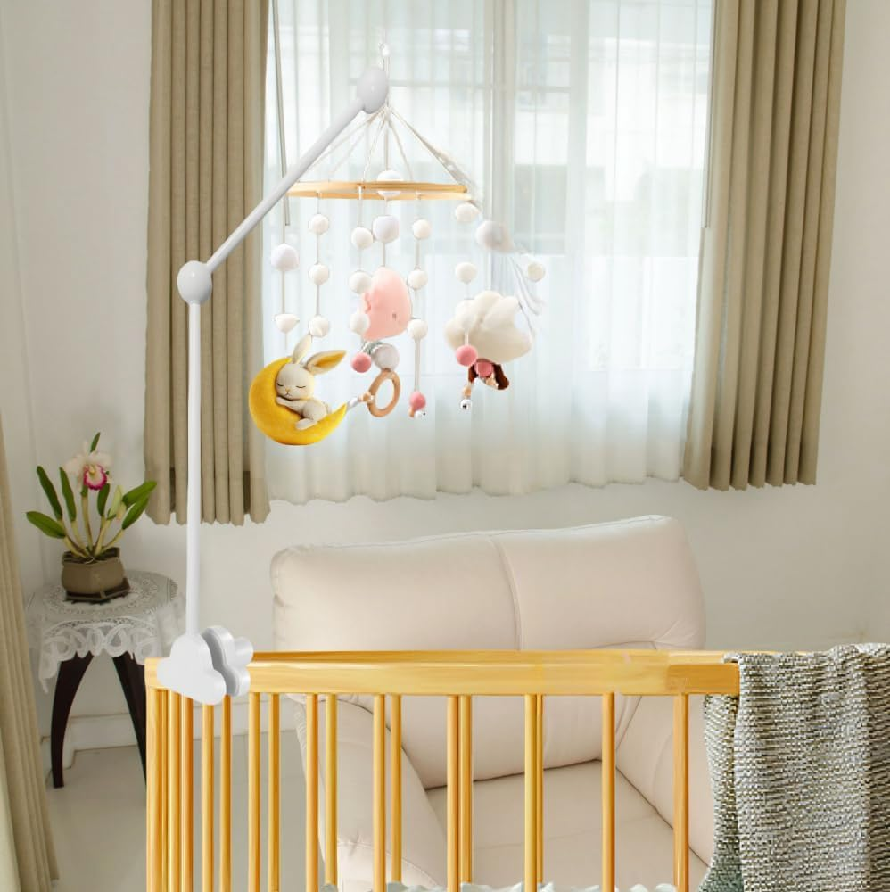 Baby Crib Mobile Arm,27Inch Wooden Cot Crib Mobile Holder,Adjustable Angle and Height,Baby Mobile Hanger for Home Baby Bed Bell Wind Chimes Cloud Design (White) - Wood Color image number 2