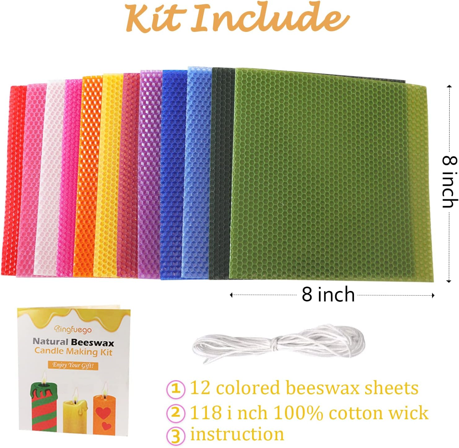 Bingfuego Beeswax Candle Making Kit for Kids-12 Beeswax Sheets for Candle Making Rolling Kits, Natural Beeswax Candle Making Kit (Bright Color, 8 X 8 Inch) image number 1