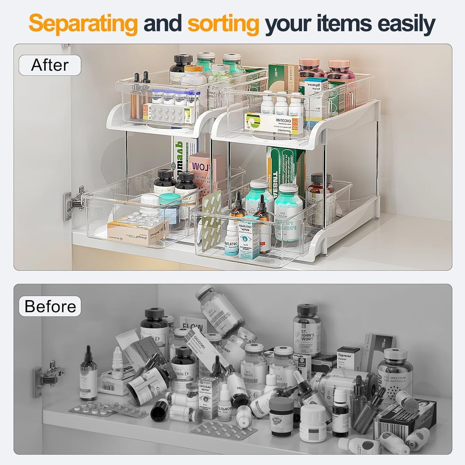 2-Tier Clear under Sink Organizers and Storage, Pull Out Cabinet Organizer for Pantry Organiser, Kitchen Pantry Organization with Movable Divider, Multi-Purpose Bathroom Cabinet Organizer(1 Pack) image number 5