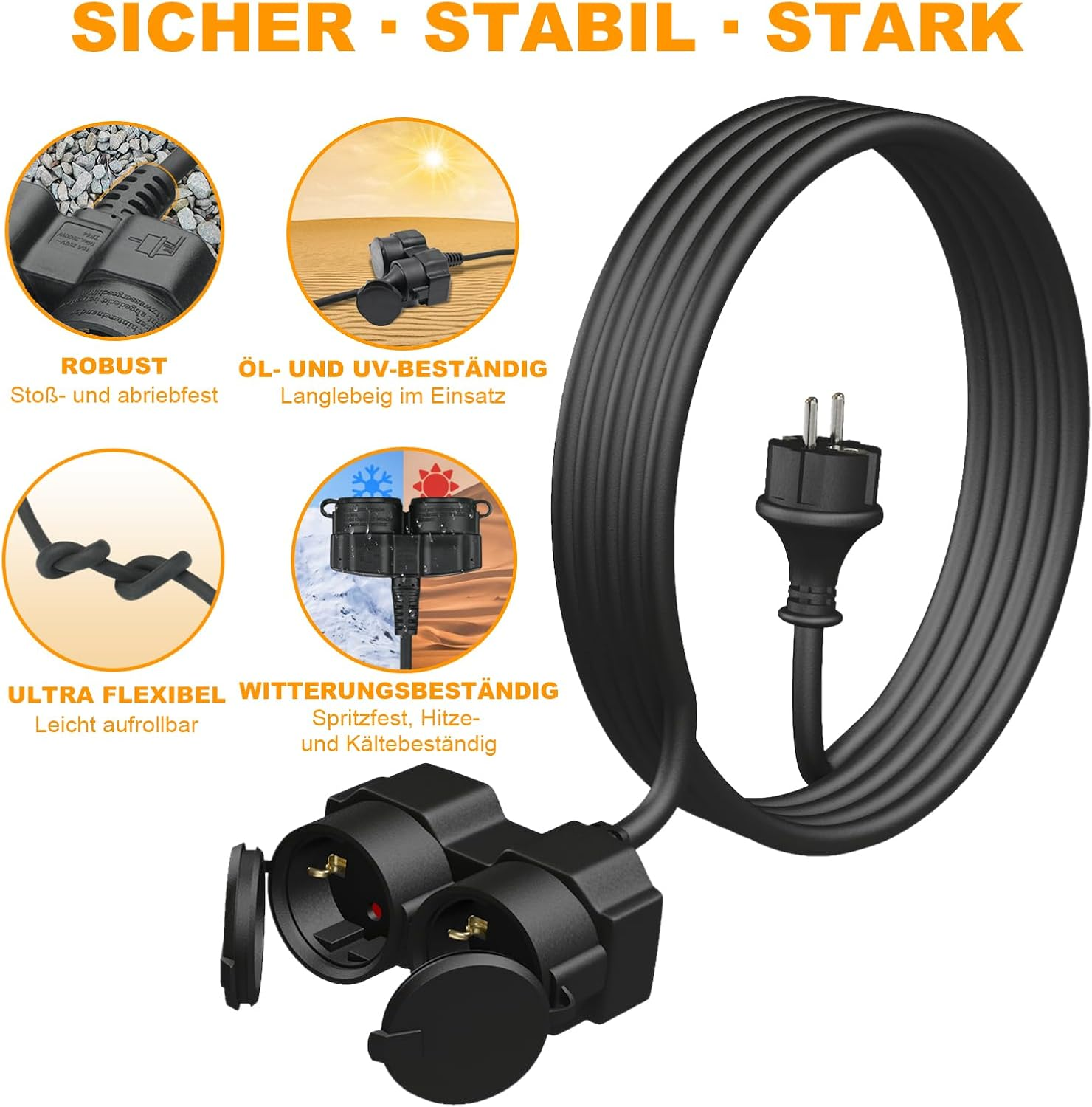 Outdoor Extension Cable 10 M with 2 Schuko Sockets, Double Extension with Protective Cap for Outdoor Use, IP44, Power Cable with Double Coupling, Rubber Cable with 2-Way Sockets, 3500 W, Black image number 4