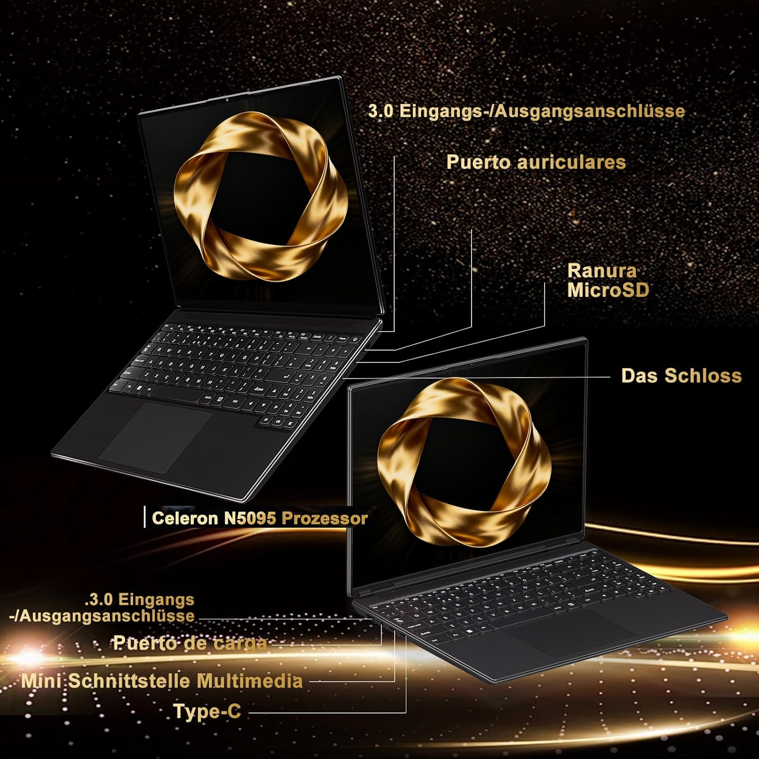 2025 Gaming Laptop 16 Inch Win11 12 + 512GB SSD Support 2TB (HDD-2TB) 1920 X 1200 Notebook 4-Core Celeron N5095 (Up to 2.9 Ghz) Laptop with Number Keyboard Wifi Mini HDMI German Keyboard Cover Black - N600-Black-2 image number 1