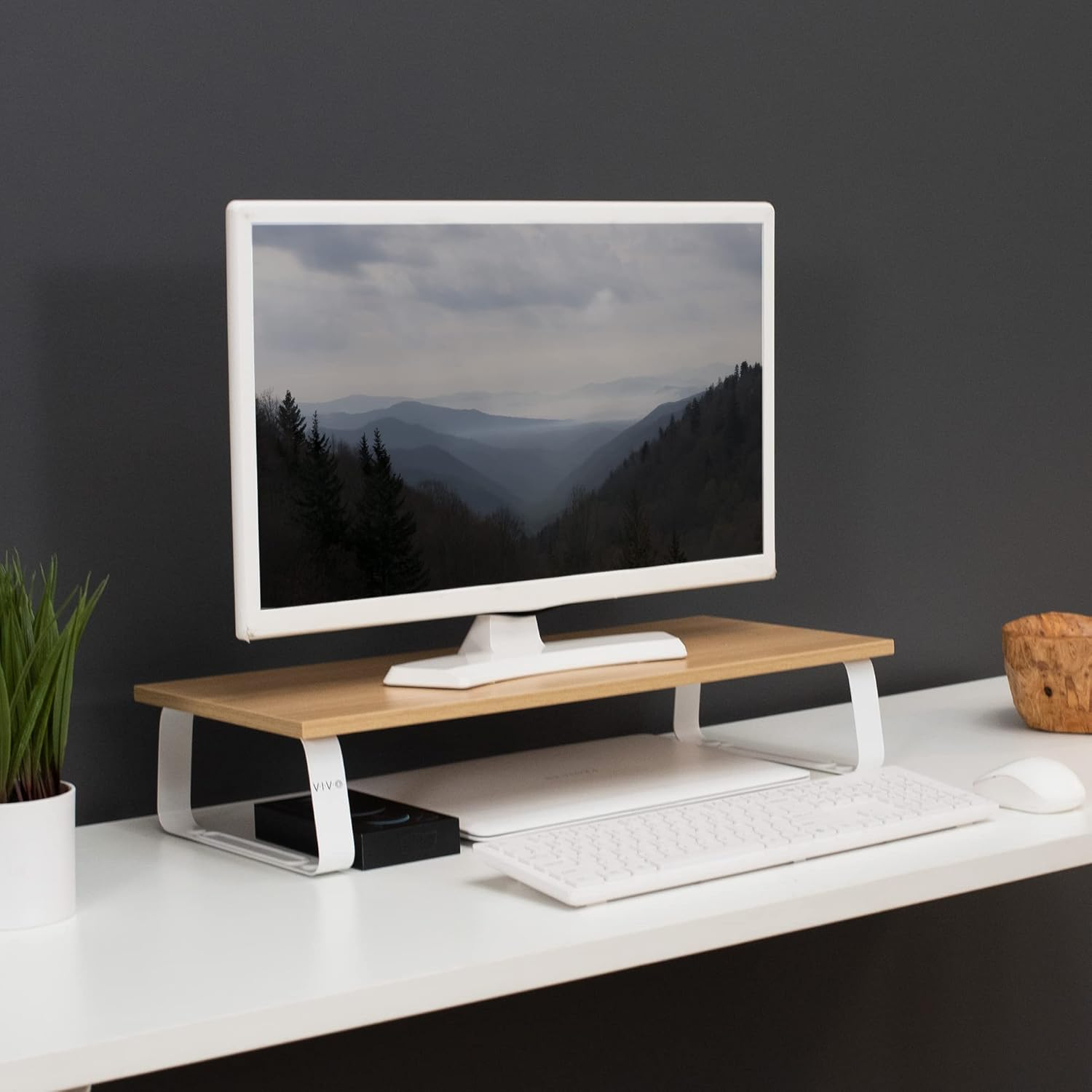 VIVO 24 Inch Monitor Riser, Wood and Steel Desktop Stand, Screen, Keyboard, Laptop, Small TV, Ergonomic Desk and Tabletop Organizer, Light Wood and White, STAND-V000WM image number 4