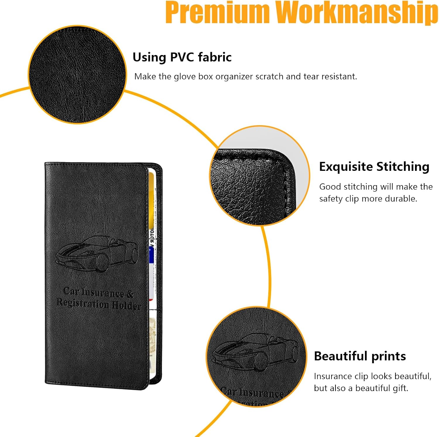 Kewucn Car Registration and Insurance Holder, Leather Auto Glove Box Organizer with Magnetic Shut, Vehicle Compartment Accessories Case for Cards, Driver License & Essential Documents - Marble Balck image number 6