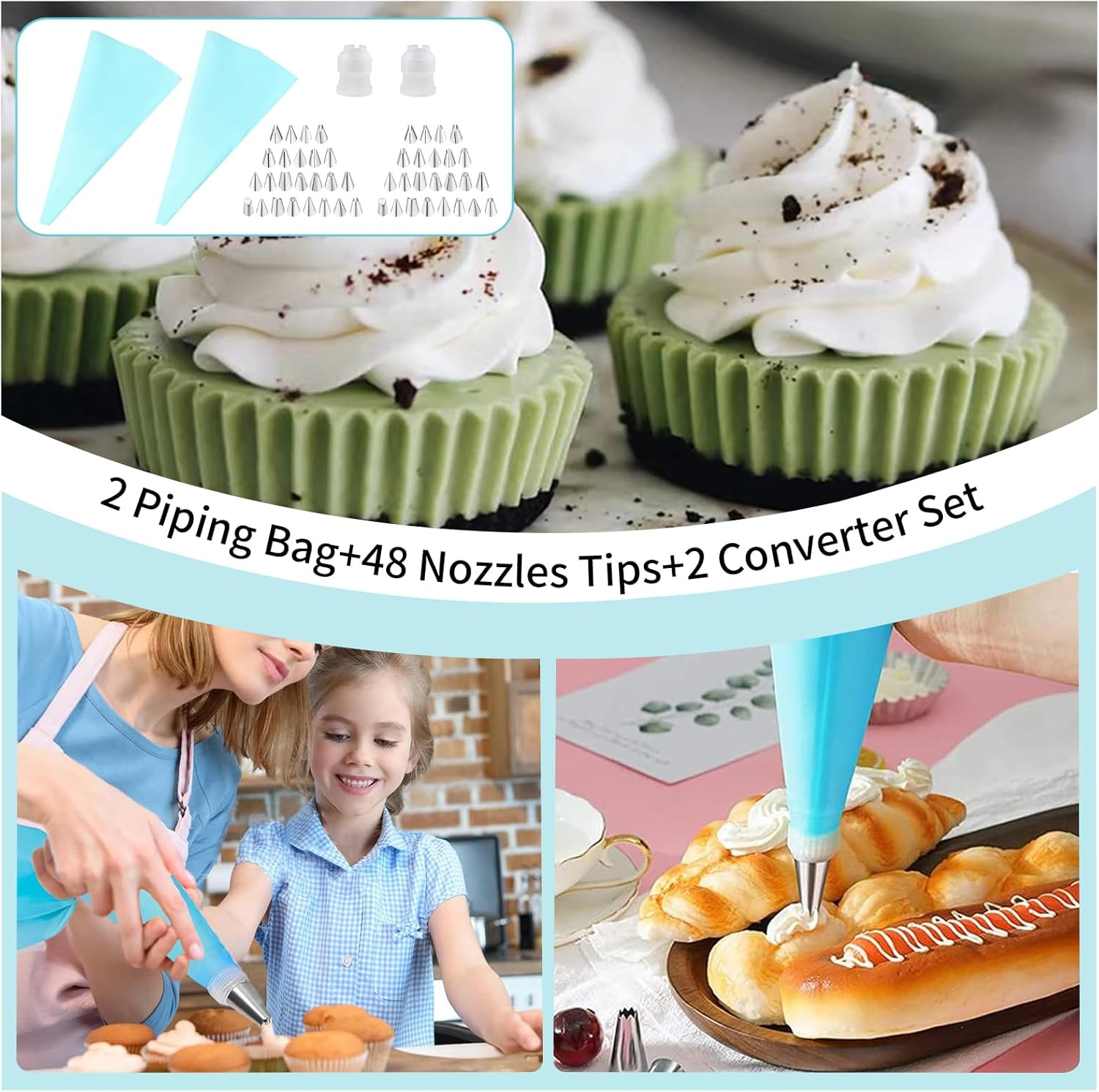 2 Piping Bag+48 Nozzles Tips+2 Converter Set, Stainless Steel Frosting Tips with Reusable Pastry Bag, Cake Decorating Supplies, Icing Piping Kit, DIY Kitchen Tool for Pastry Dough Cookie Cupcake (52) image number 4