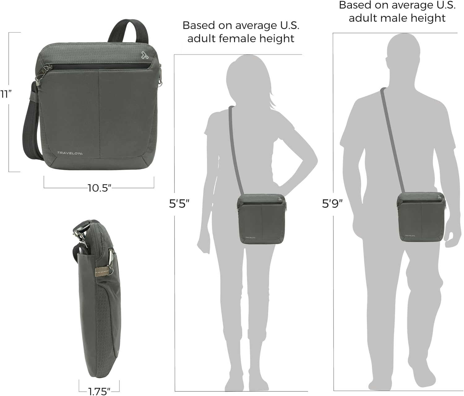 Travelon Anti-Theft Active Small Crossbody Messenger Bag, Charcoal