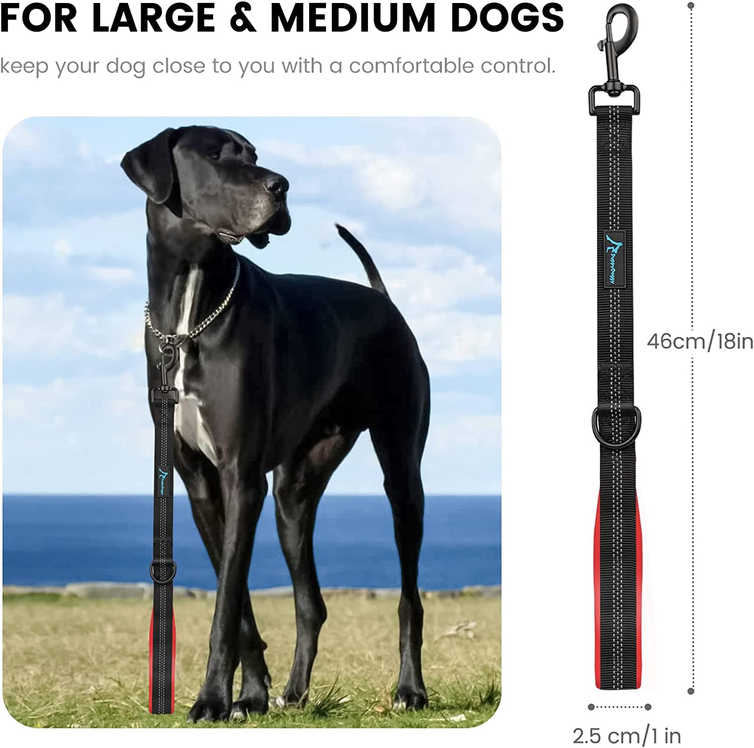 Puppydoggy Short Dog Leash 18In Padded Handle Dog Lead with 3 Reflective Thread for Large Medium Dogs Heavy Duty Dog Rope Pet Leash for Walking Training 18 in X 1 in (Pink 1 Pack)