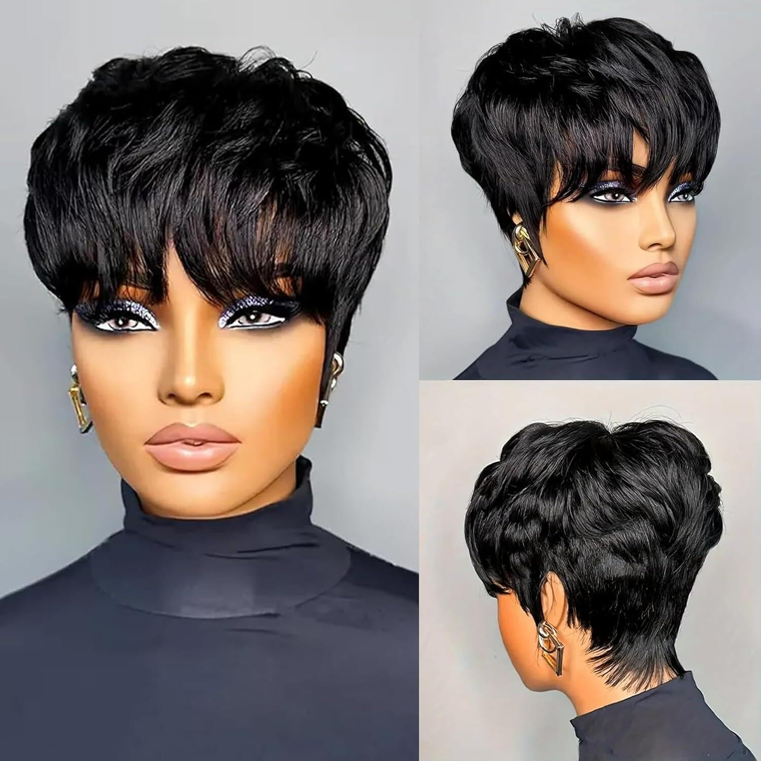 Qiaqiaring Pixie Cut Wigs for Black Women Natural Color 1B Short Layered Pixie Cut Wigs for Women Brazilian Virgin Human Hair Wigs Glueless Wigs image number 4