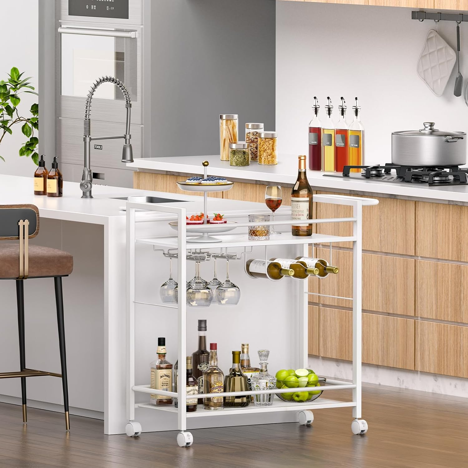 LELELINKY White Serving Trolley, Bar Trolley with Wheels, Modern Bar Cart with Storage Space, Wine Trolley with Wine Rack and Wine Glass Holder for Kitchen, Living Room & Dining Room image number 4
