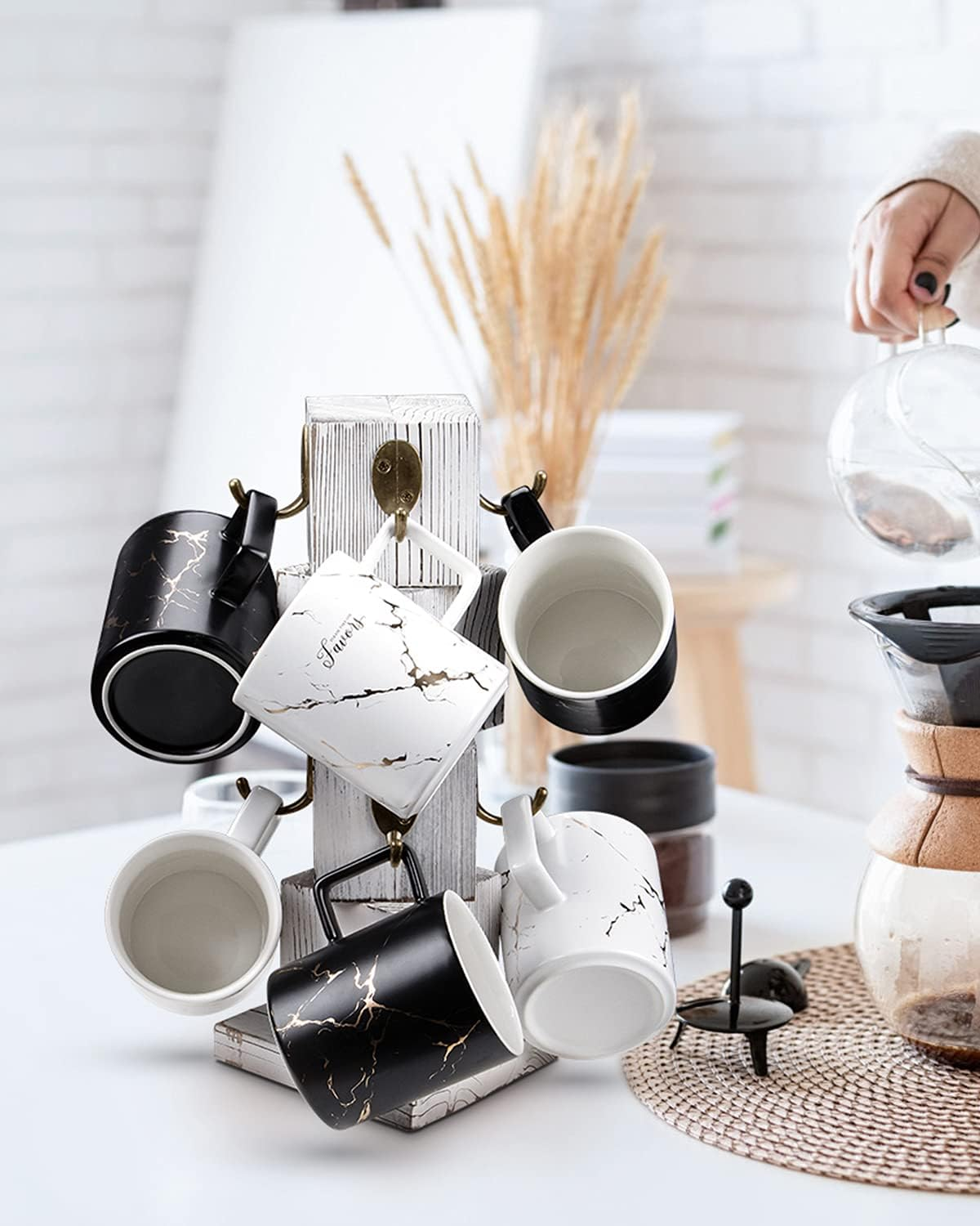 PUERSI Coffee Mug Holder for Counter, Rustic Solid Wood Mug Tree, Farmhouse Wooden Coffee Cup Rack, Distressed Mug Stand with 8 Hooks (Farmhouse White) image number 4