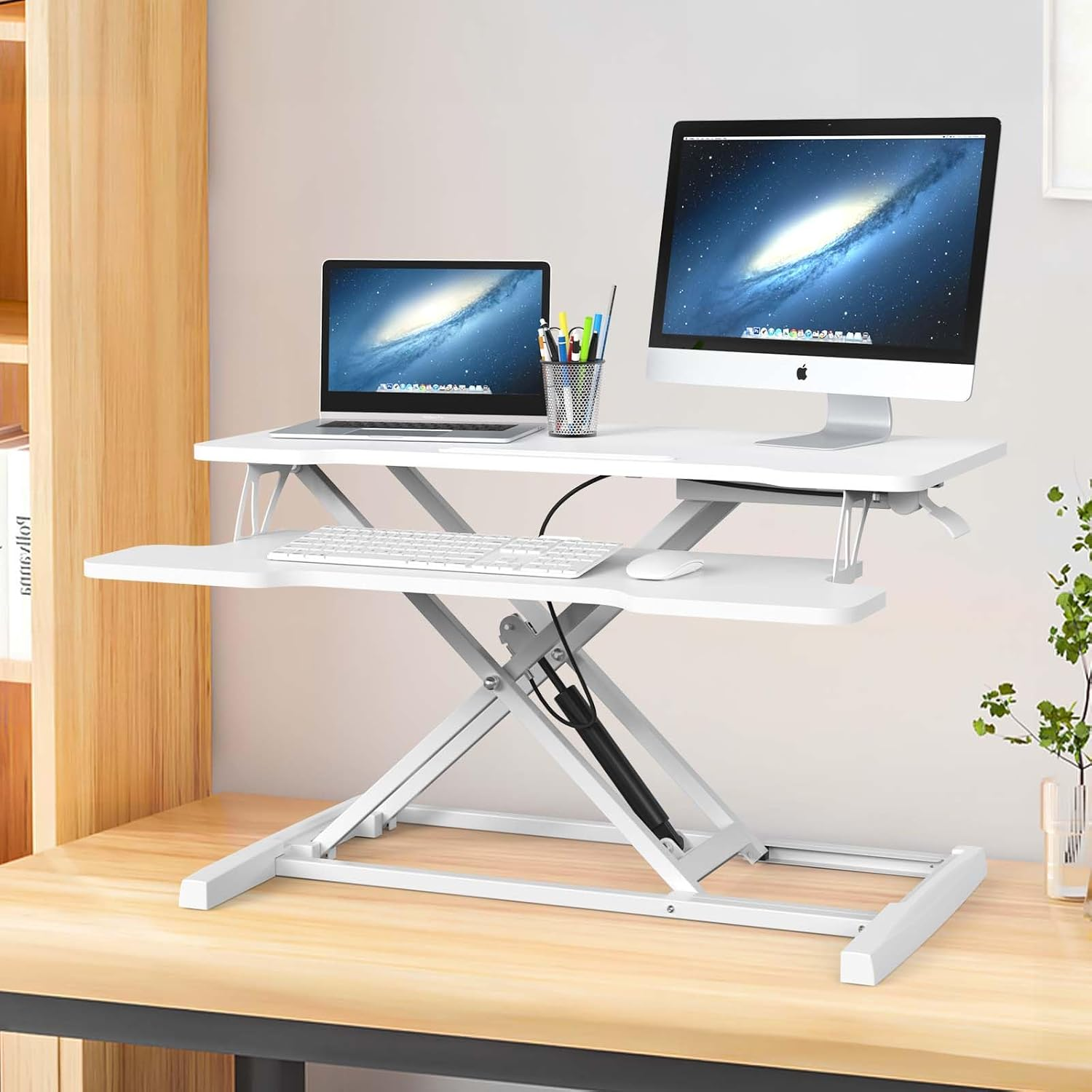 ADVWIN Height Adjustable Standing Desk Converter, Ergonomic Sit Stand Desk Riser with Keyboard Tray, Compact Elevating Stand up Desk Workstation, White 80Cm image number 4