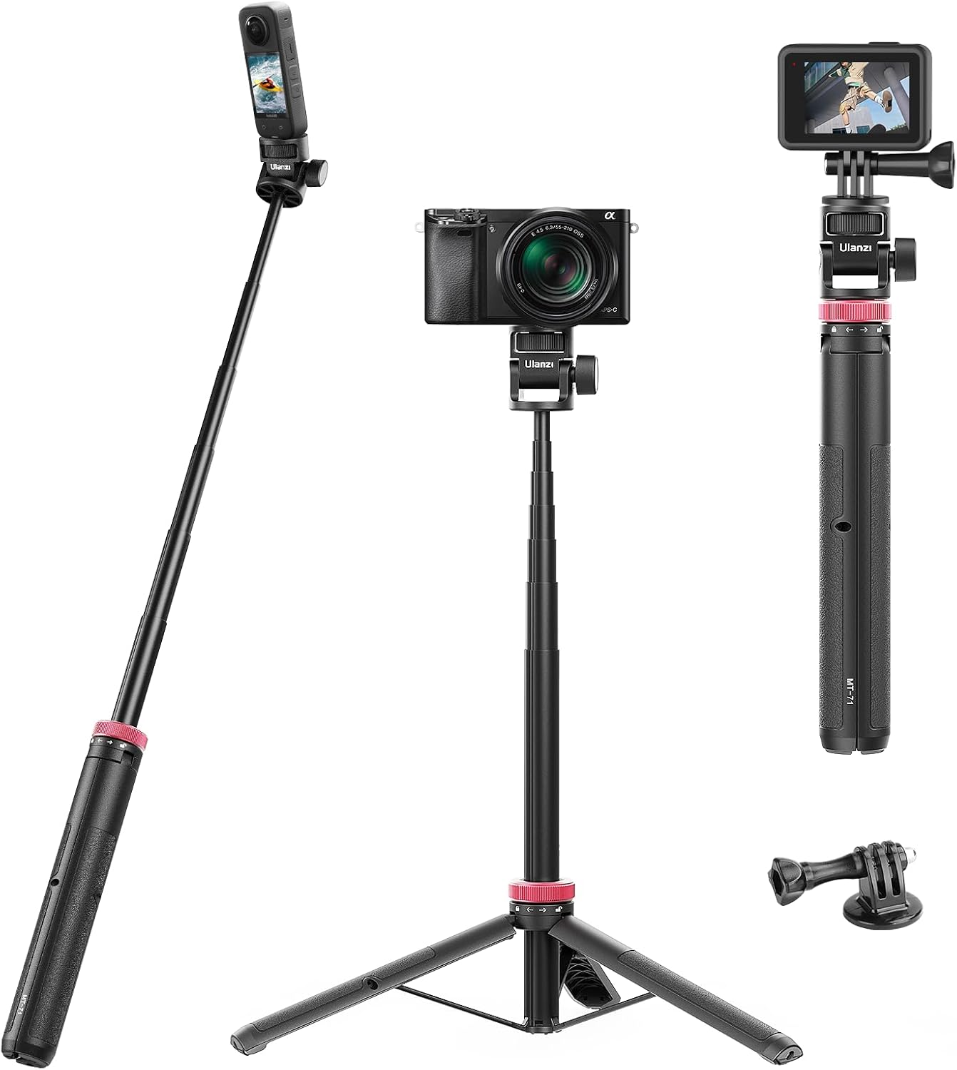 ULANZI MT-71 Tripod Selfie Stick & Vlog Handle with Magnetic Quick Release&1/4'' Screw, 150CM Extendable Lightweight Tripod Stand (7-Section) for DJI Pocket 3/Insta360 X5 X4 X3 Series/Gopro Tripod image number 5