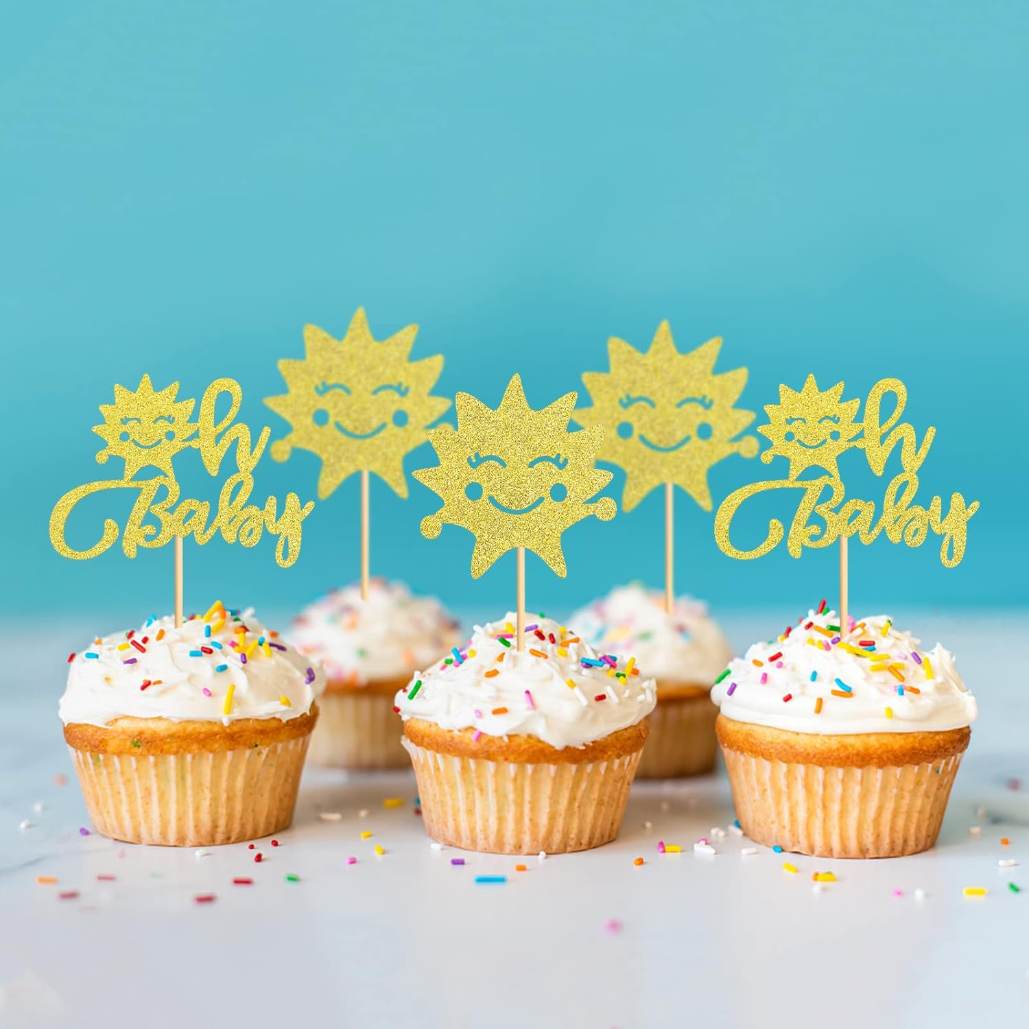 24PCS Sunshine Oh Baby Cupcake Toppers Sun Smile Sunshine Cupcake Picks Bridal Wedding Engagement Baby Shower Birthday Party Decorations - Gold-One image number 4