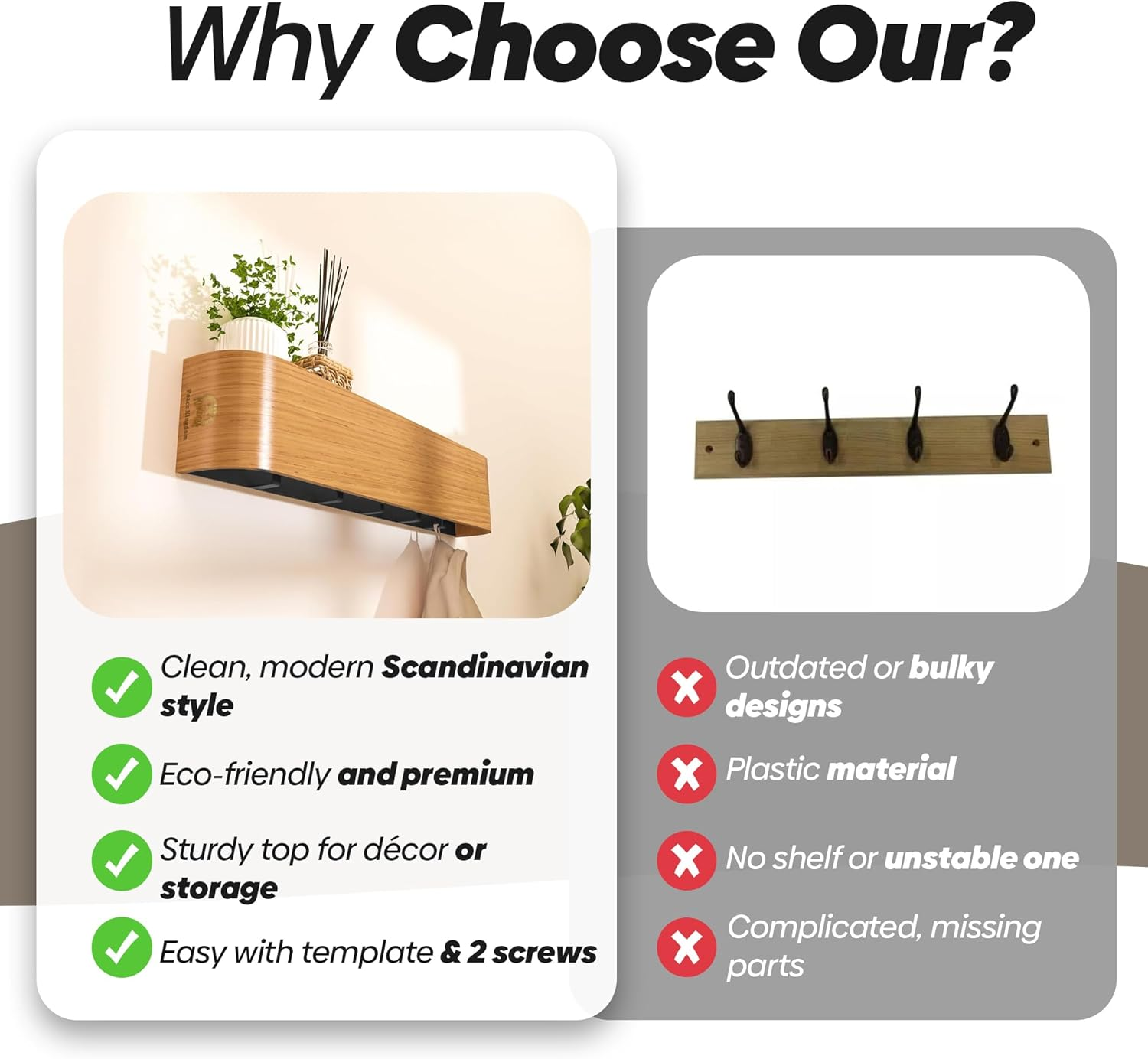 PEACE KINGDOM Wall-Mounted Wooden Coat Rack with Shelf, 50 Cm Modern Design Entryway Hat Towel Robes Coat Hanger with Hidden Metal Wall Hooks for Office, Bathroom, Living Room and Bedroom (Oak) - Walnut image number 4