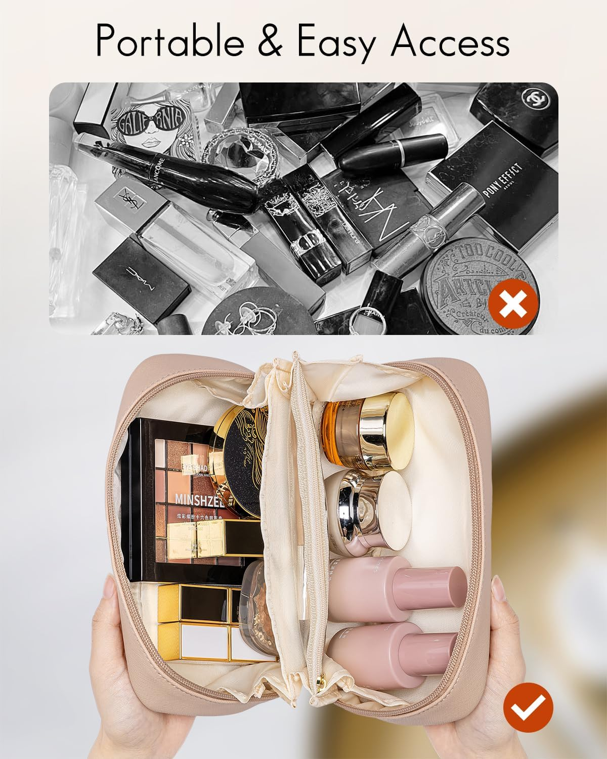 Vlando Travel Makeup Bag, Small Makeup Bag for Purse, Milk Tea image number 6