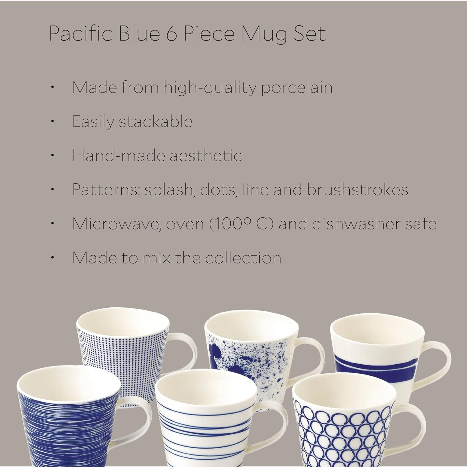 Royal Doulton Pacific Collection 6-Pieces Mugs Set, 260 Ml Capacity