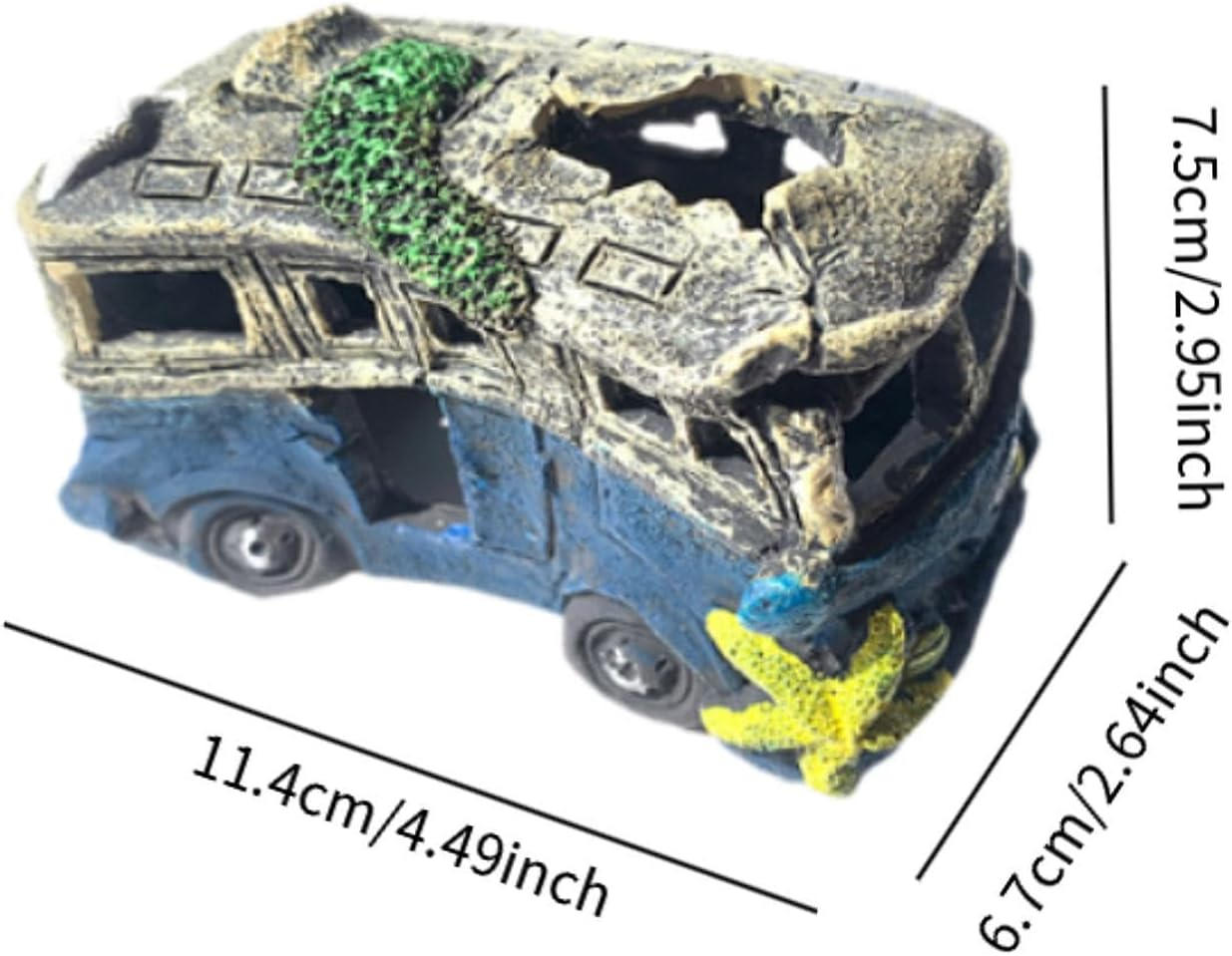 Fzaqwen Fish Tank Ornament Featuring Auto Wreck for Betta and Prawn, School Bus