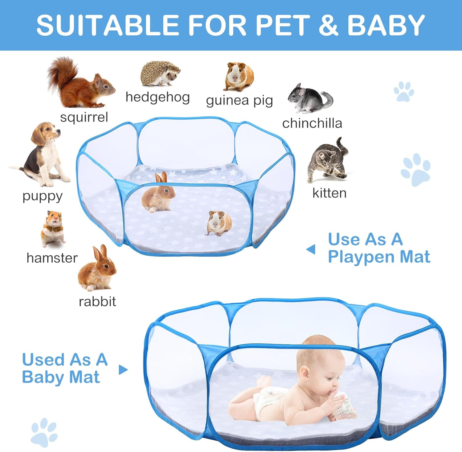 Vitalcozy Hamster Playpen with Mat Small Animal Cage Tent Breathable Transparent Guinea Pig Playpen Waterproof Portable Yard Fence Mat Foldable Exercise Playpen Outdoor Indoor (Blue,Star) image number 7